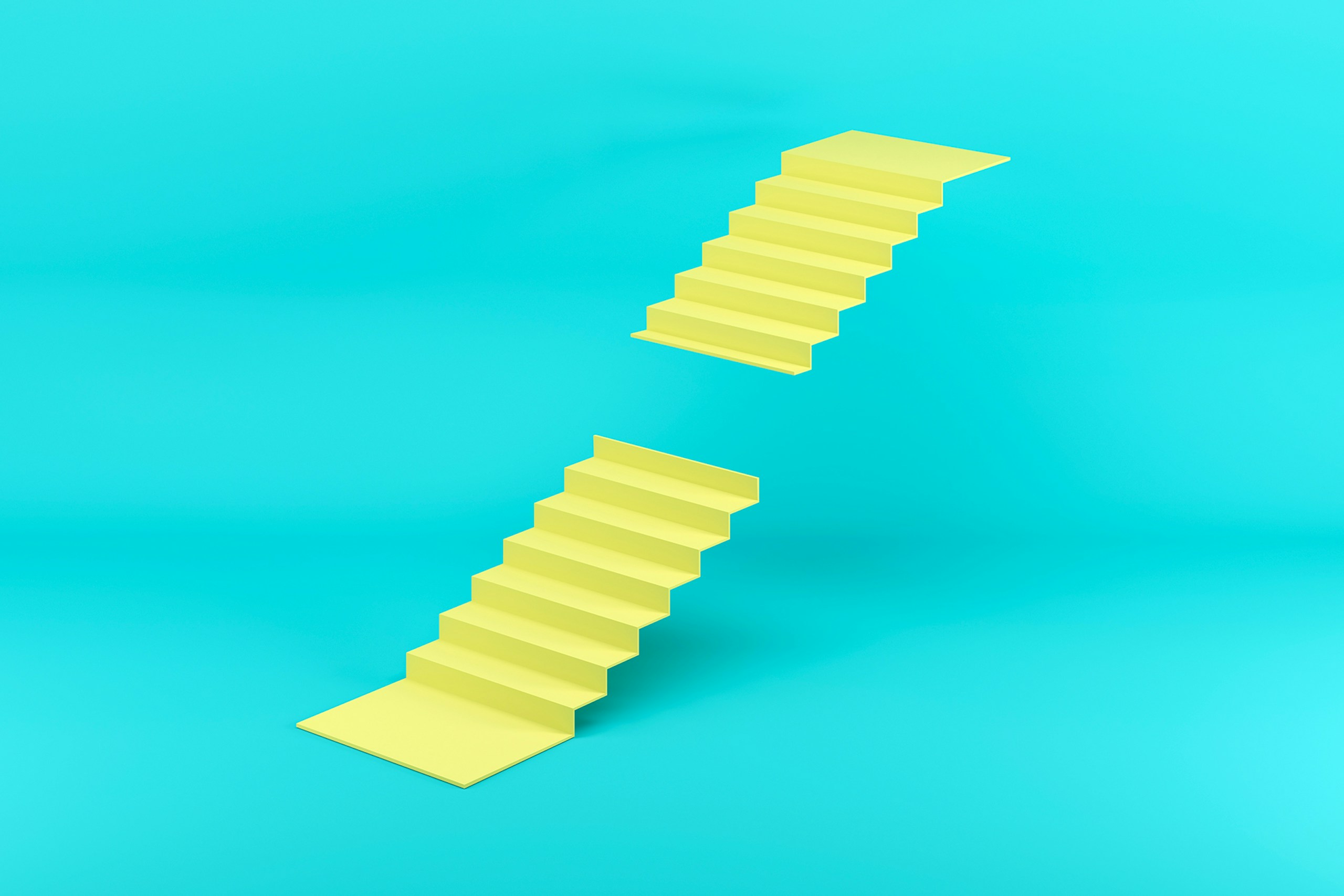 Un escalier jaune sur fond bleu, sectionné au milieu