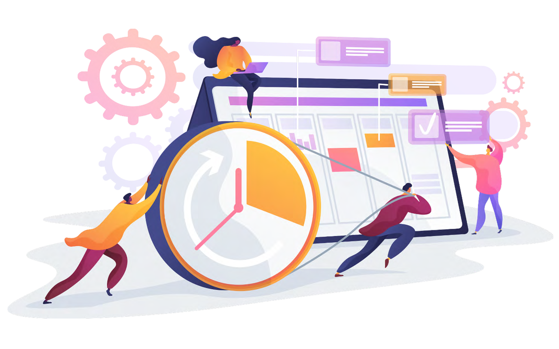 Illustration showing various social media managers working on a content calendar and planning campaigns.