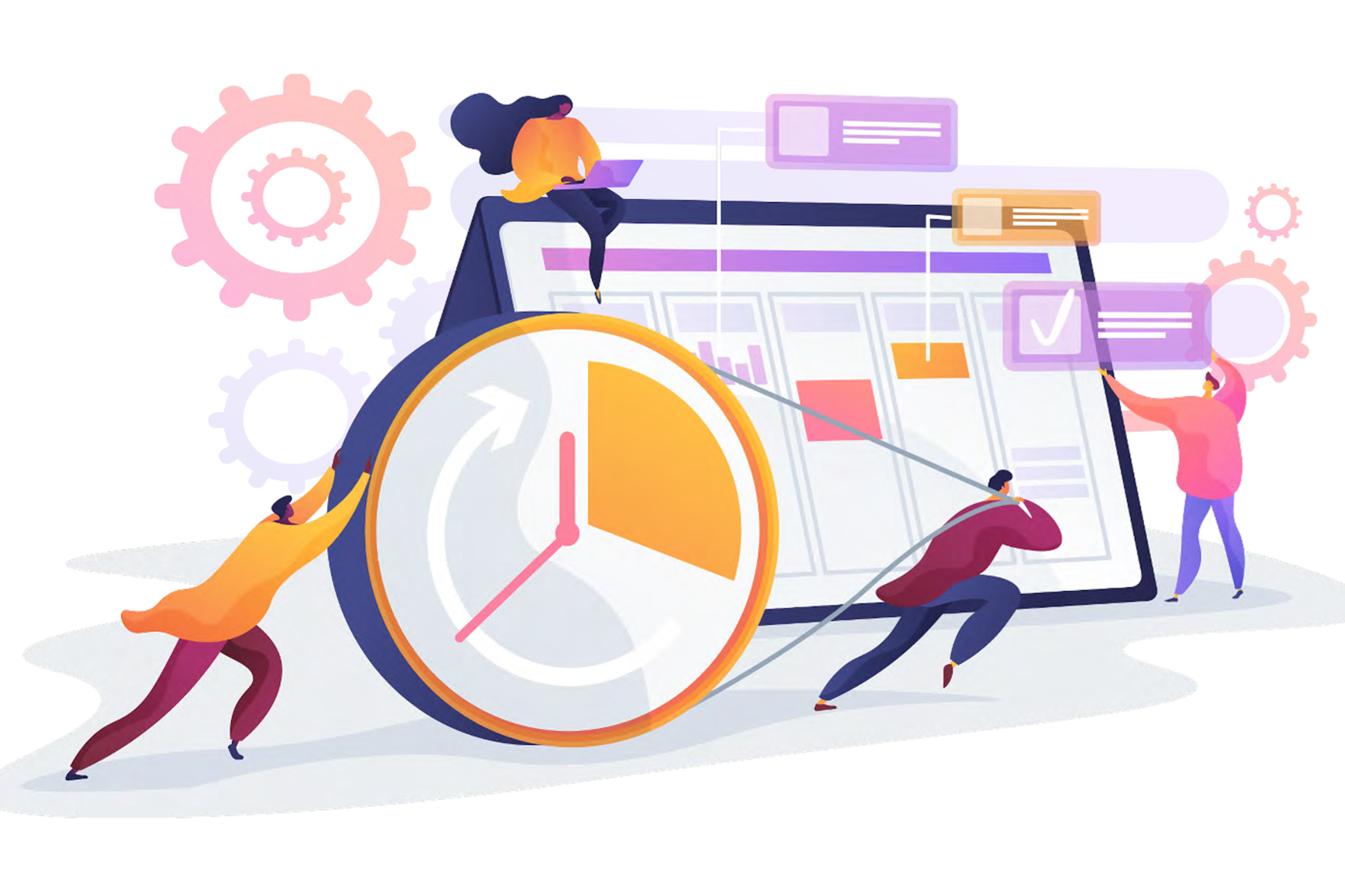 Illustration showing various social media managers working on a content calendar and planning campaigns.