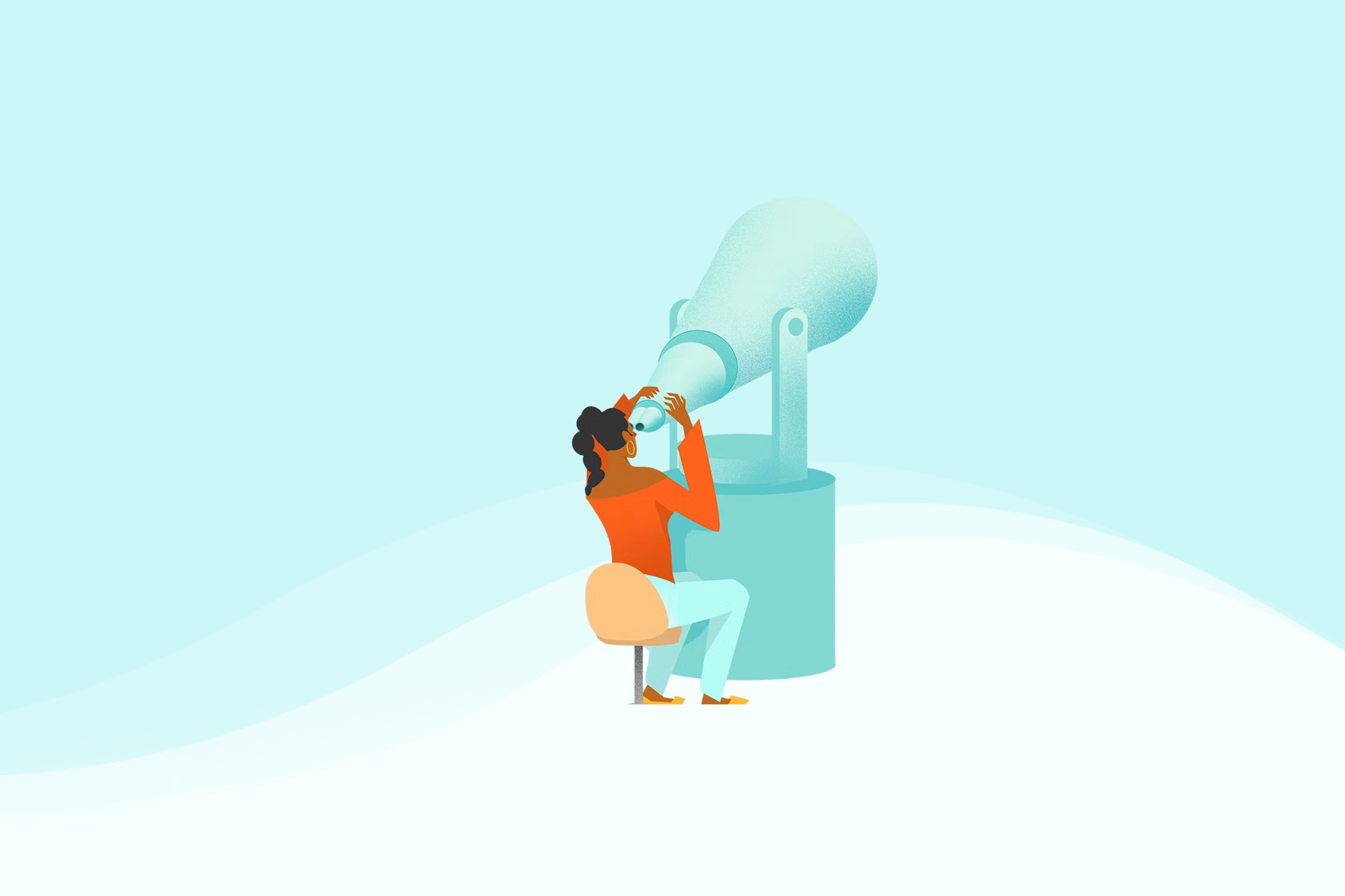 Das Bild hat einen türkisen Hintergrund, auf dem unten eine weiße Welle enthalten ist. In der Mitte ist die Zeichnung von einer Frau von hinten zu sehen, die durch ein Fernrohr schaut.