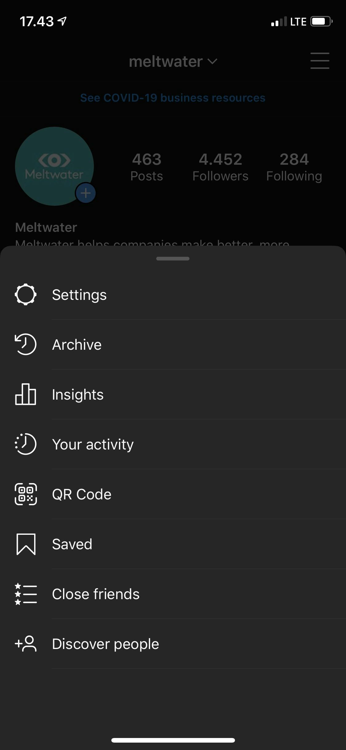 A screenshot of the menu section within Instagram
