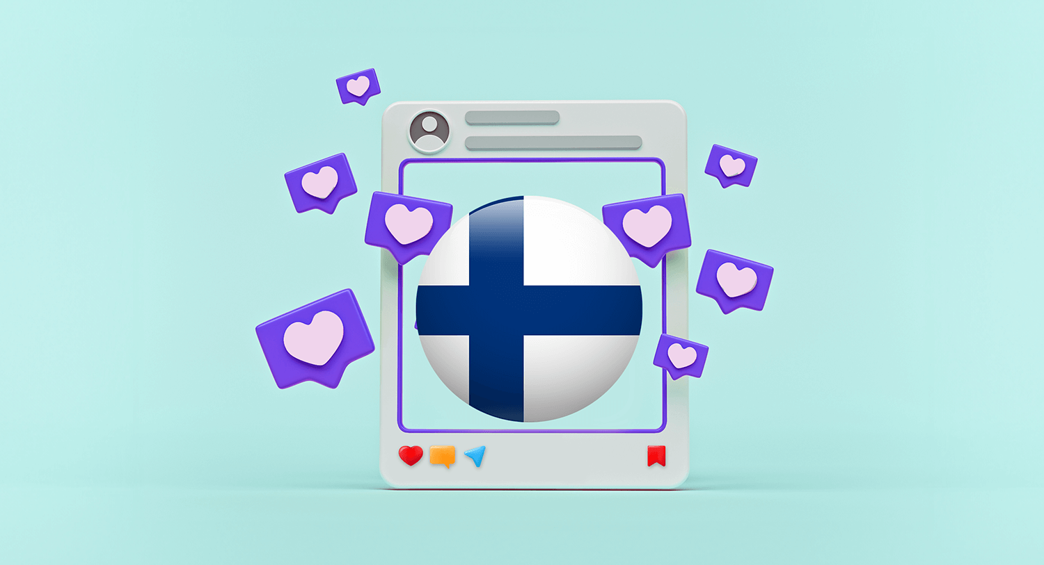 3D Illustration of the Finnish flag within an Instagram post showcasing the top Finnish influencers