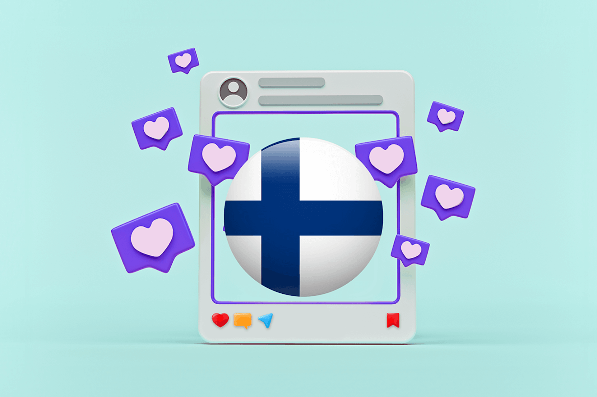 3D Illustration of the Finnish flag within an Instagram post showcasing the top Finnish influencers