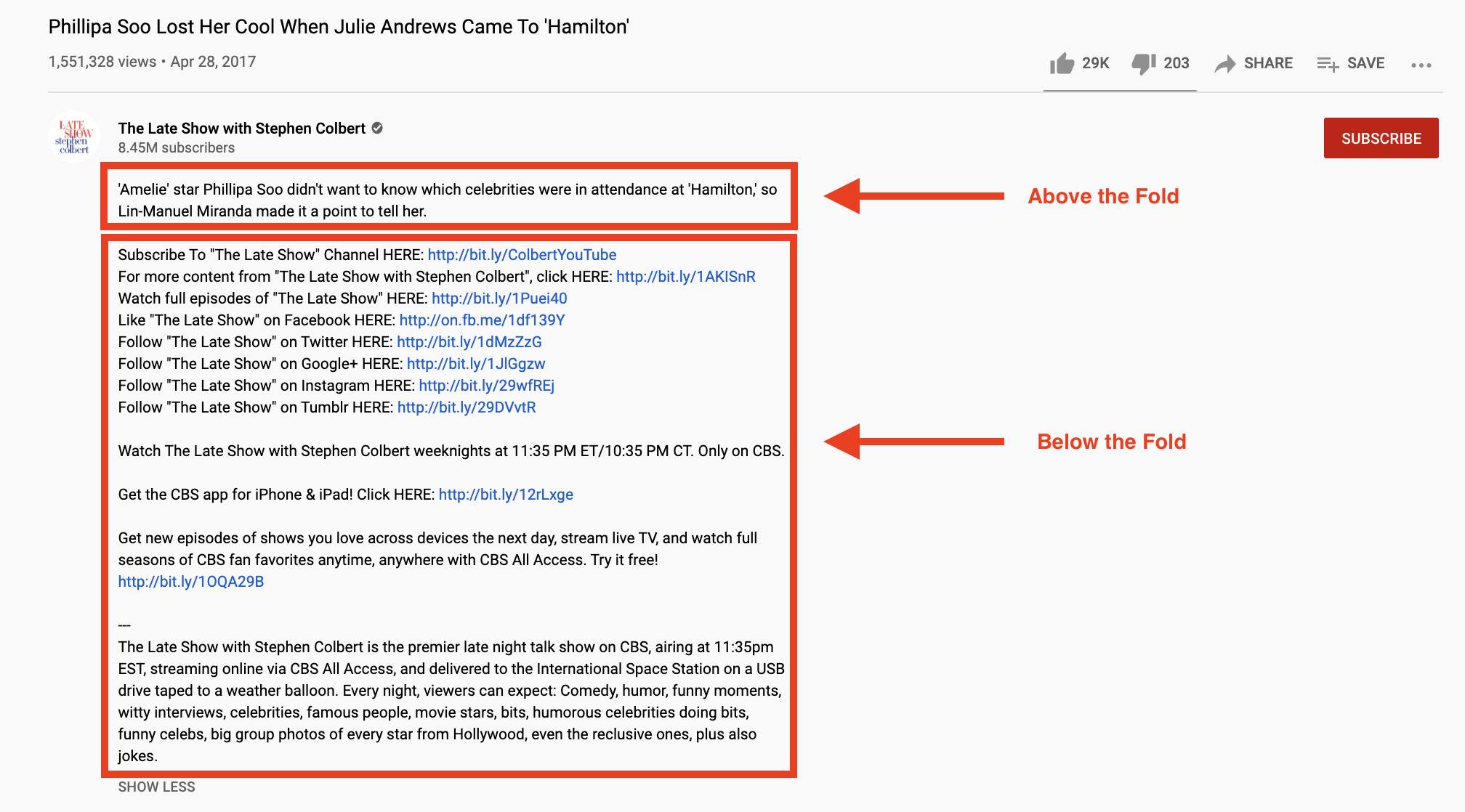 Example of a YouTube video description showing above fold and below fold text
