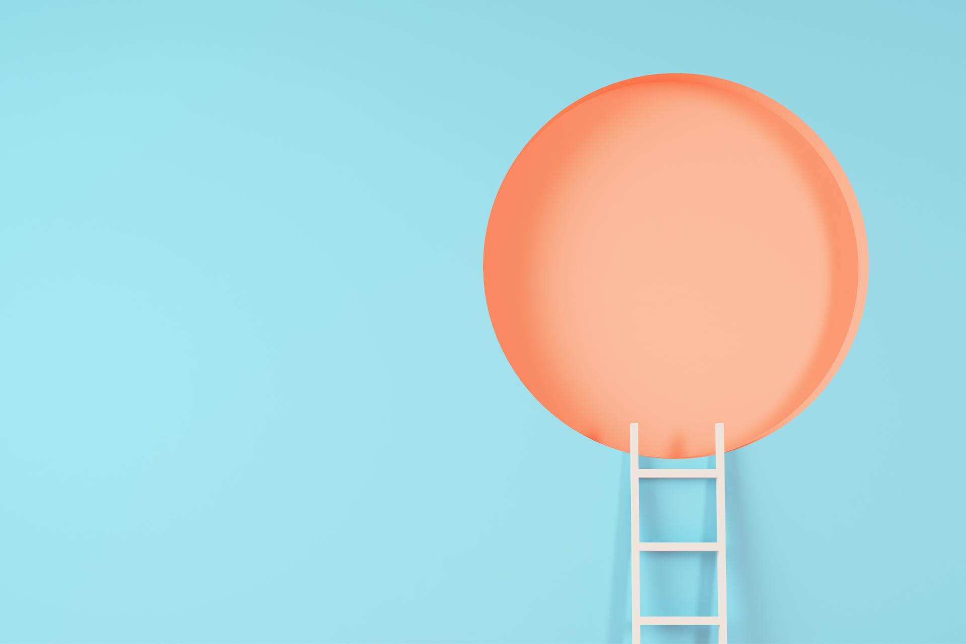 A white ladder placed against a light blue wall that is leading up to a window that is a giant orange circle. The abstract image feels aspirational, like the idea of a positive employer brand image that employees and companies strive for