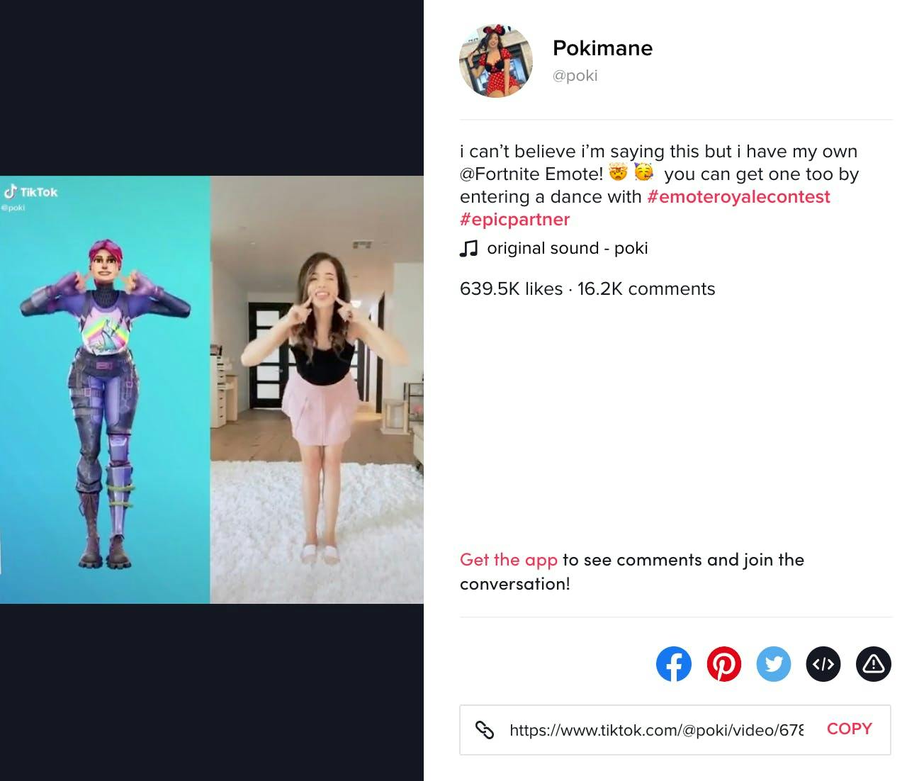 TikTok Screenshot Pokimane #emoteroyalecontest Fortnite Emote