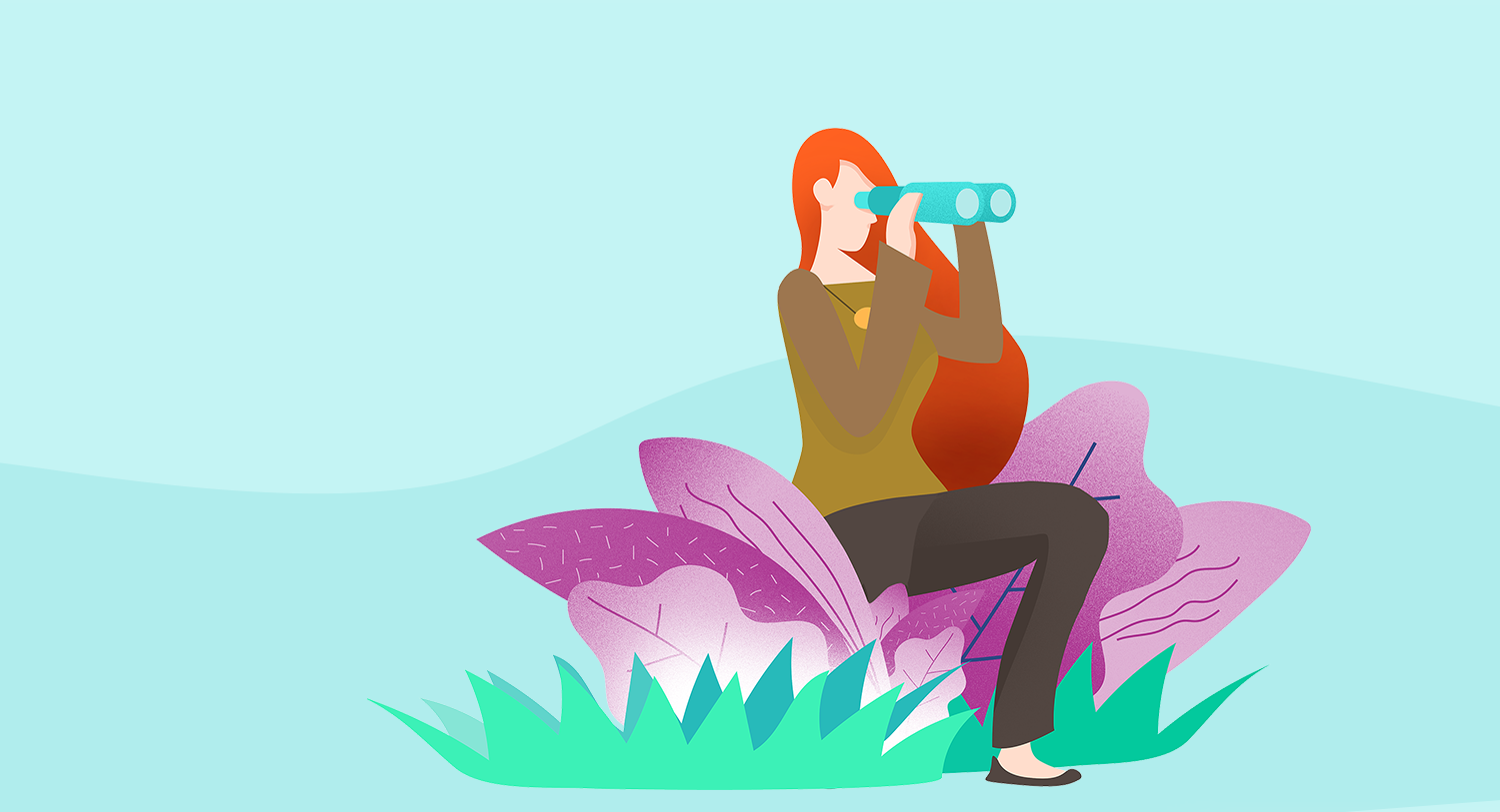 A graphic of a red-haired person stepping through purple and green plants while using binoculars for a blog about the best software alternatives to Birdeye.