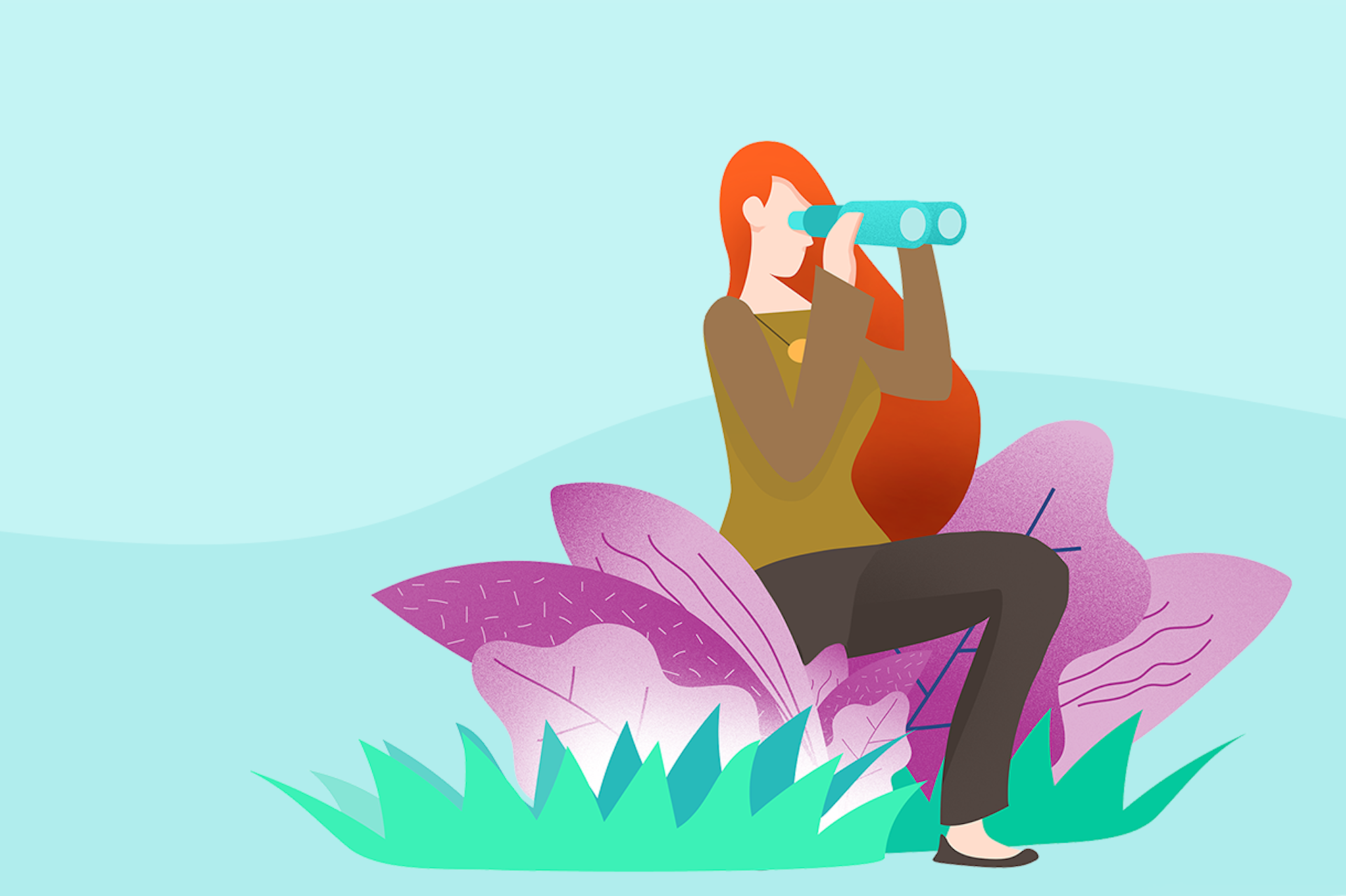 A graphic of a red-haired person stepping through purple and green plants while using binoculars for a blog about the best software alternatives to Birdeye.