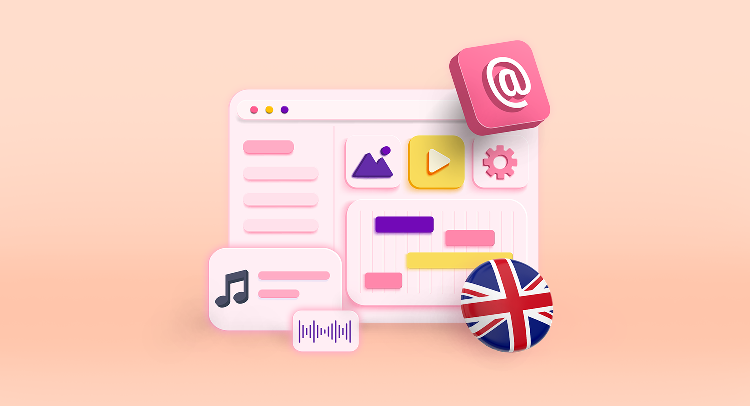 3D Illustration of media with the UK flag as the title image for our blog about the UK media landscape