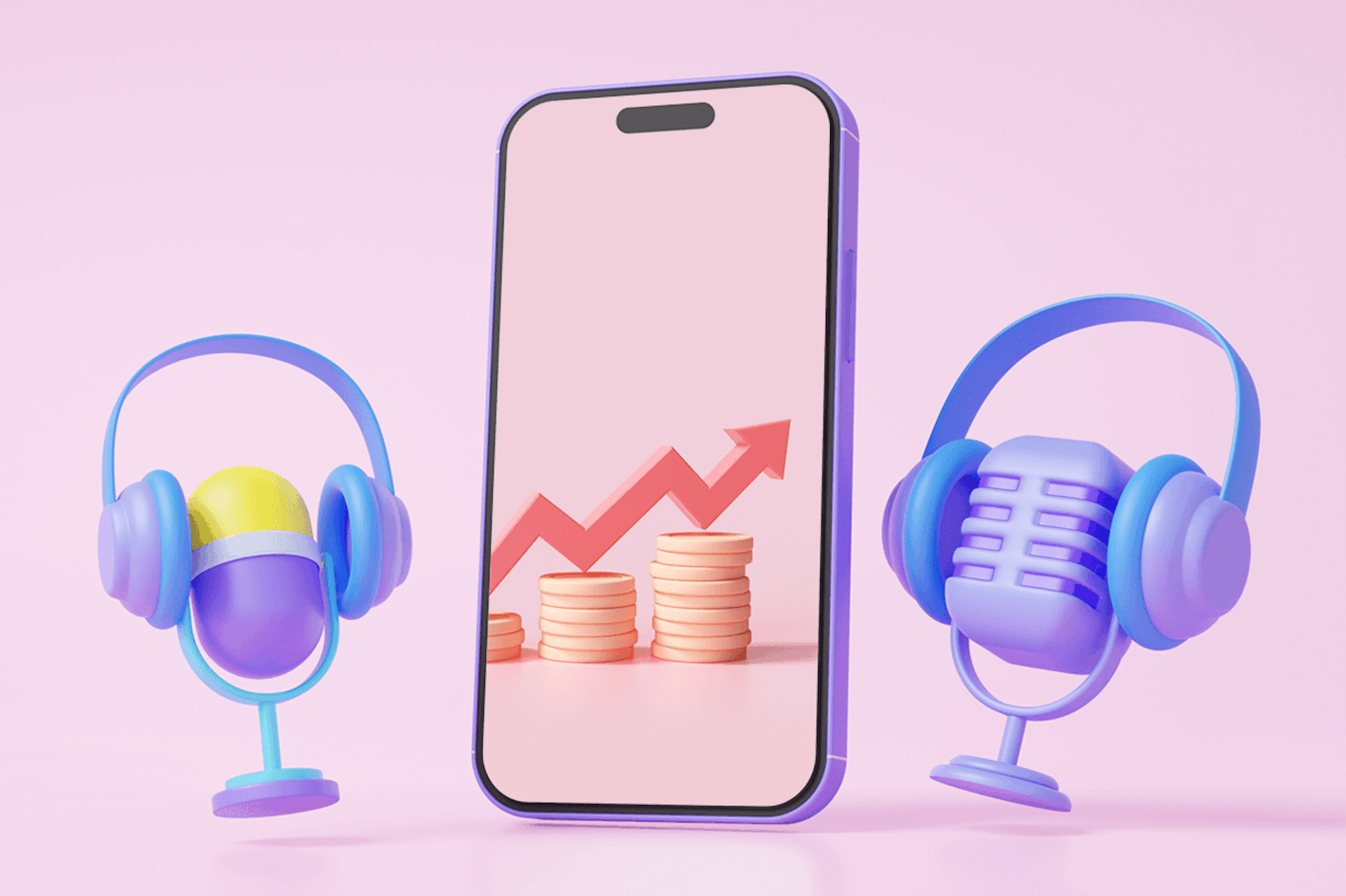 Illustration of a smart phone with an image of an arrow going up and to the right on top of stacked coins. Phone is flanked with two podcast microphones with headphones on. Image for the 20 best finance podcasts blog post