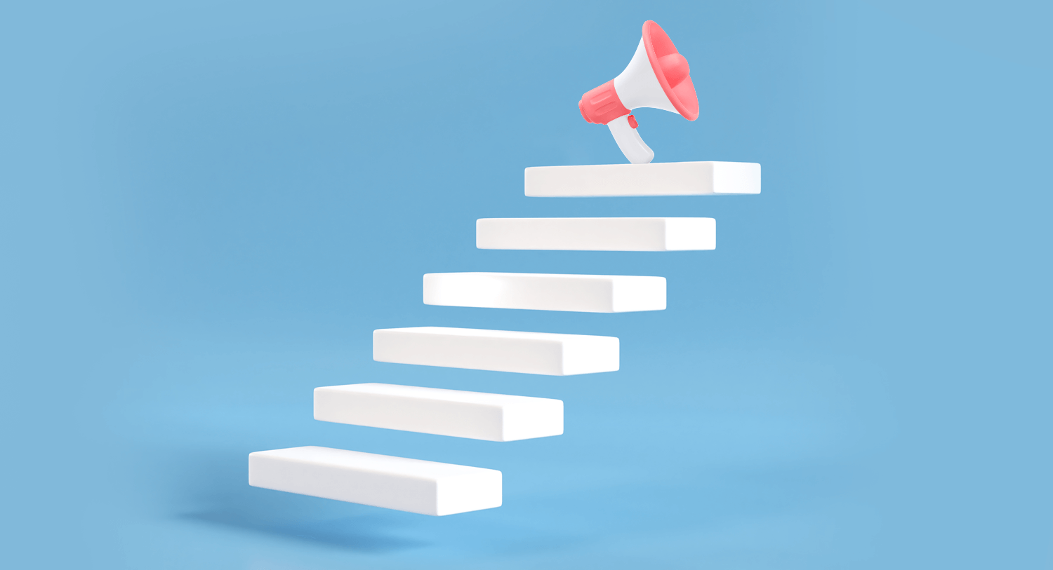 Illustration of a plain white staircase leading up to a megaphone, on a blue background. Step by step guide about how to create a PR campaign blog post.