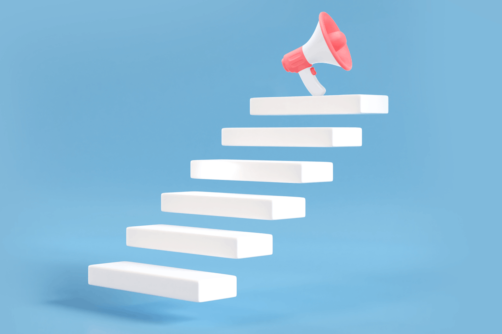 Illustration of a plain white staircase leading up to a megaphone, on a blue background. Step by step guide about how to create a PR campaign blog post.