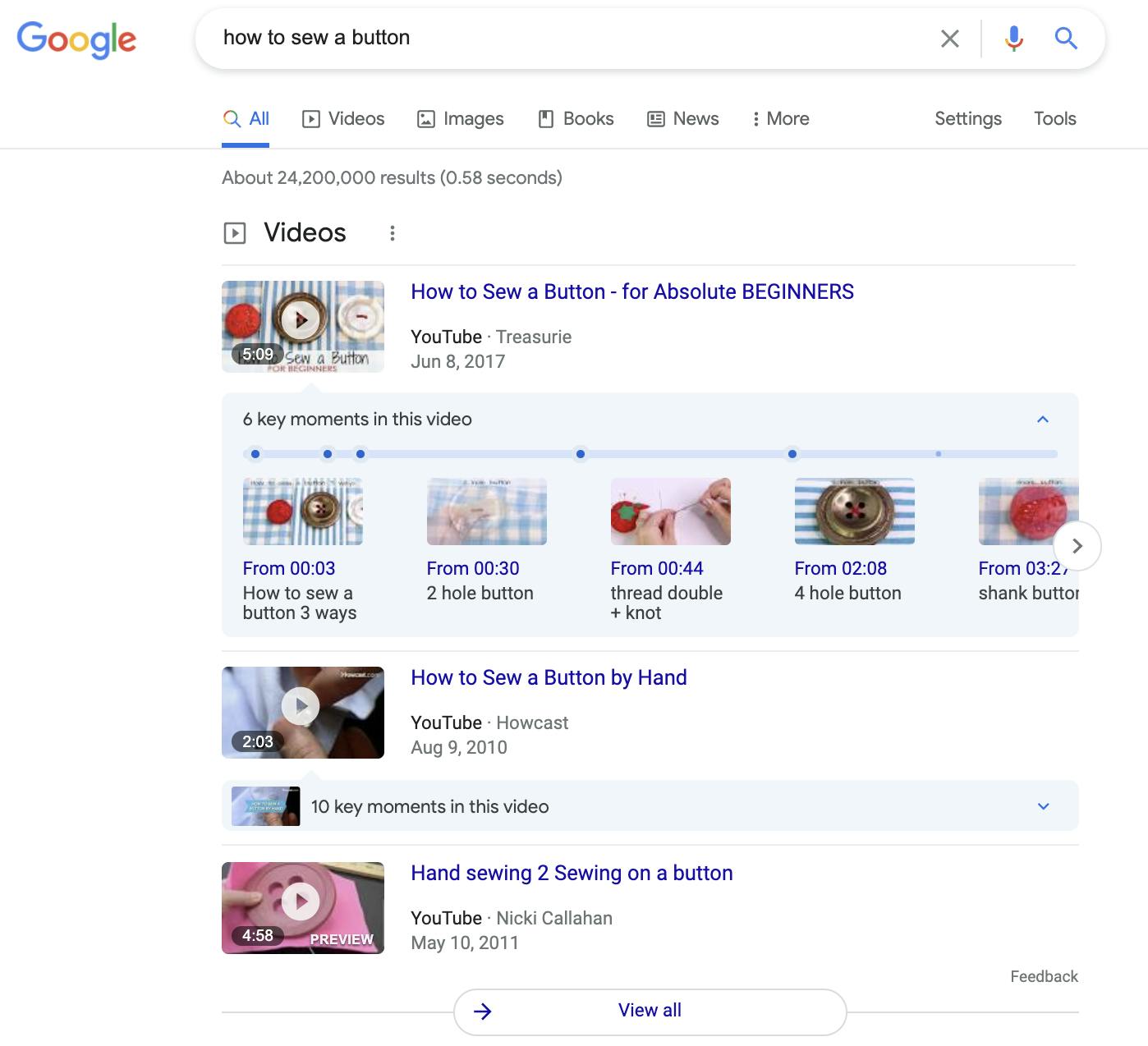 Google search results for How to Sew a Button showcasing timestamp suggestions by Google for YouTube video results