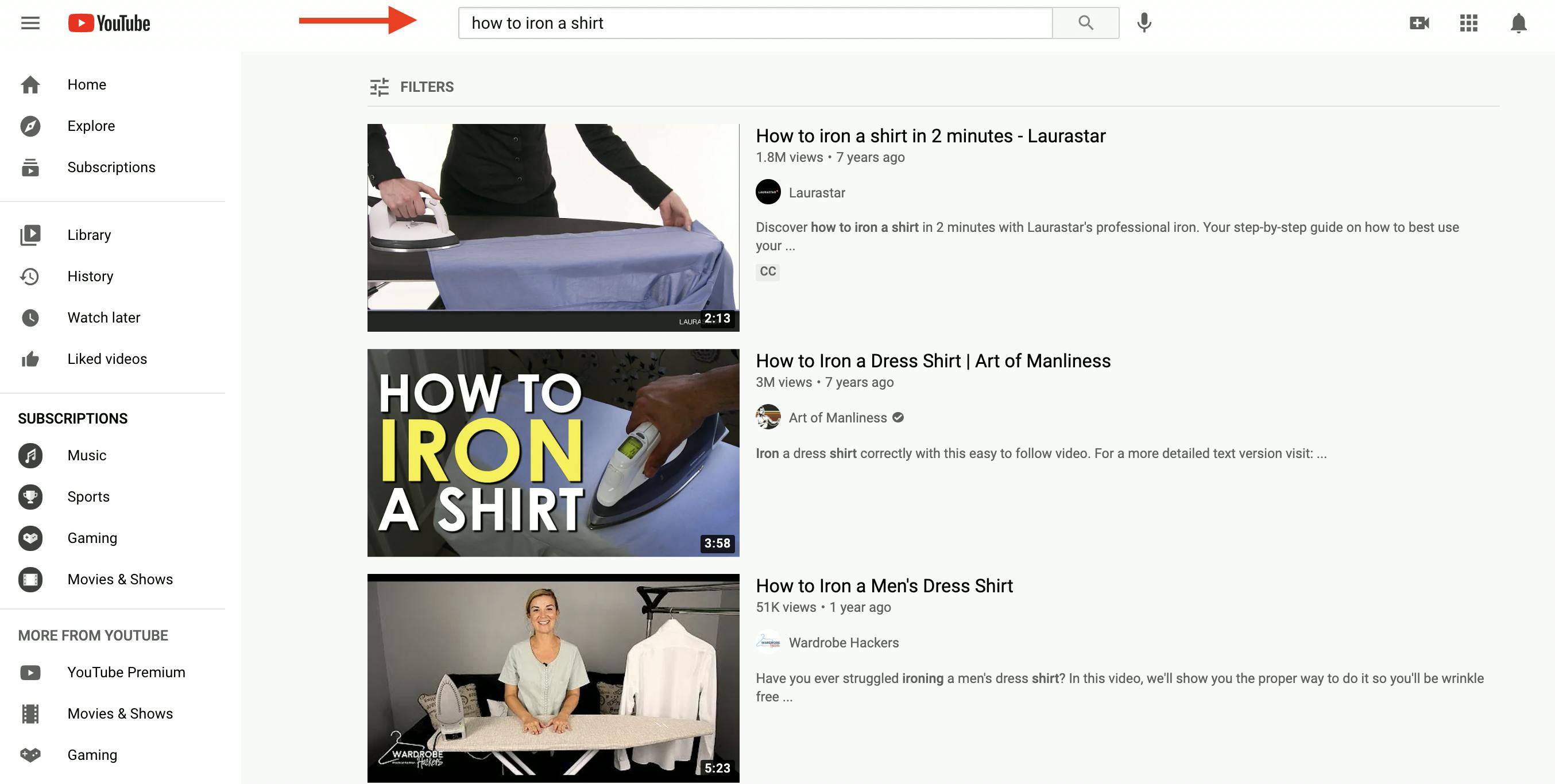 YouTube organic search results for the keyword "how to iron a shirt"