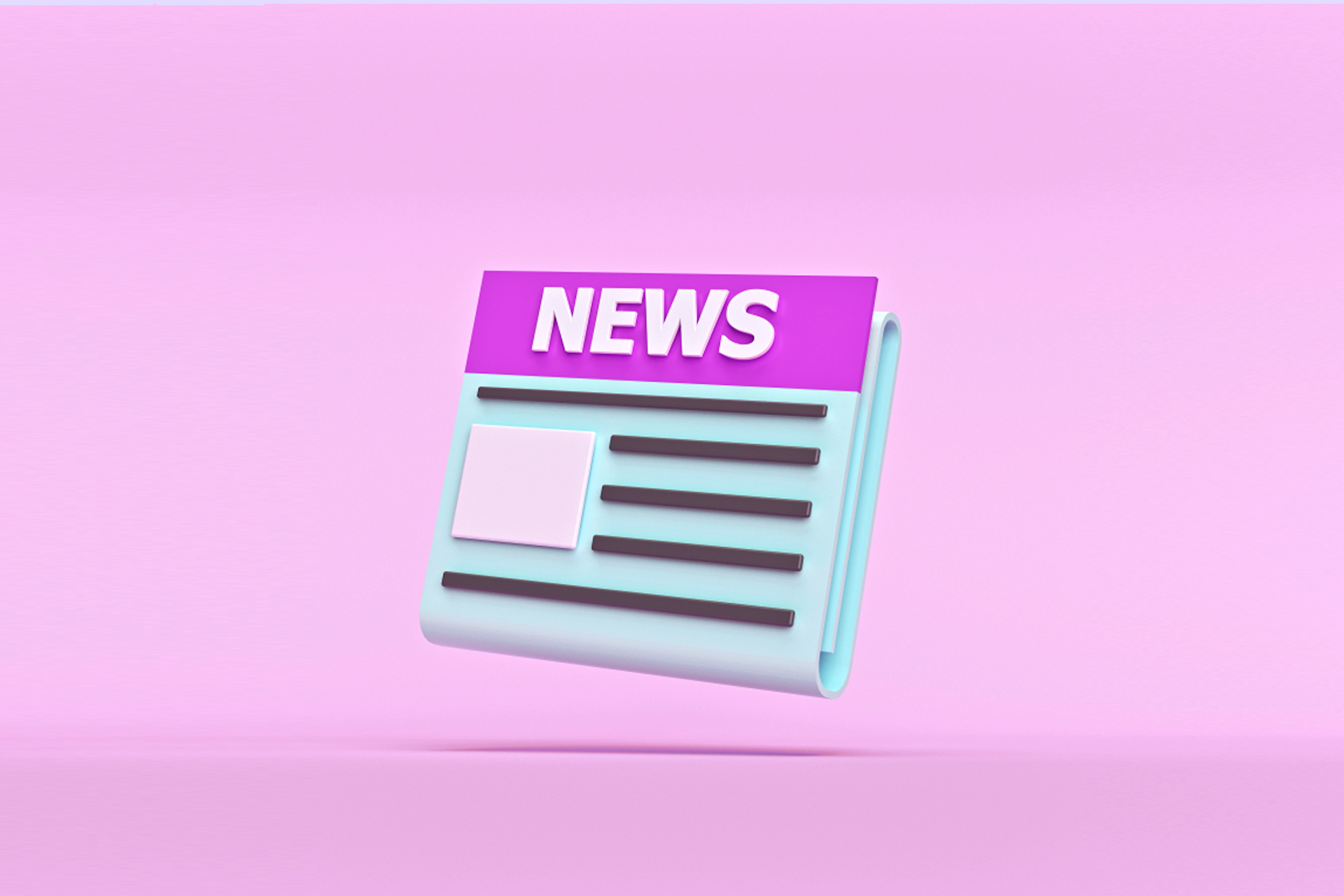 Looking for the latest social media news? This blog has it. This image of a cartoon newspaper against a solid pink background conveys the message that news is being broadcast