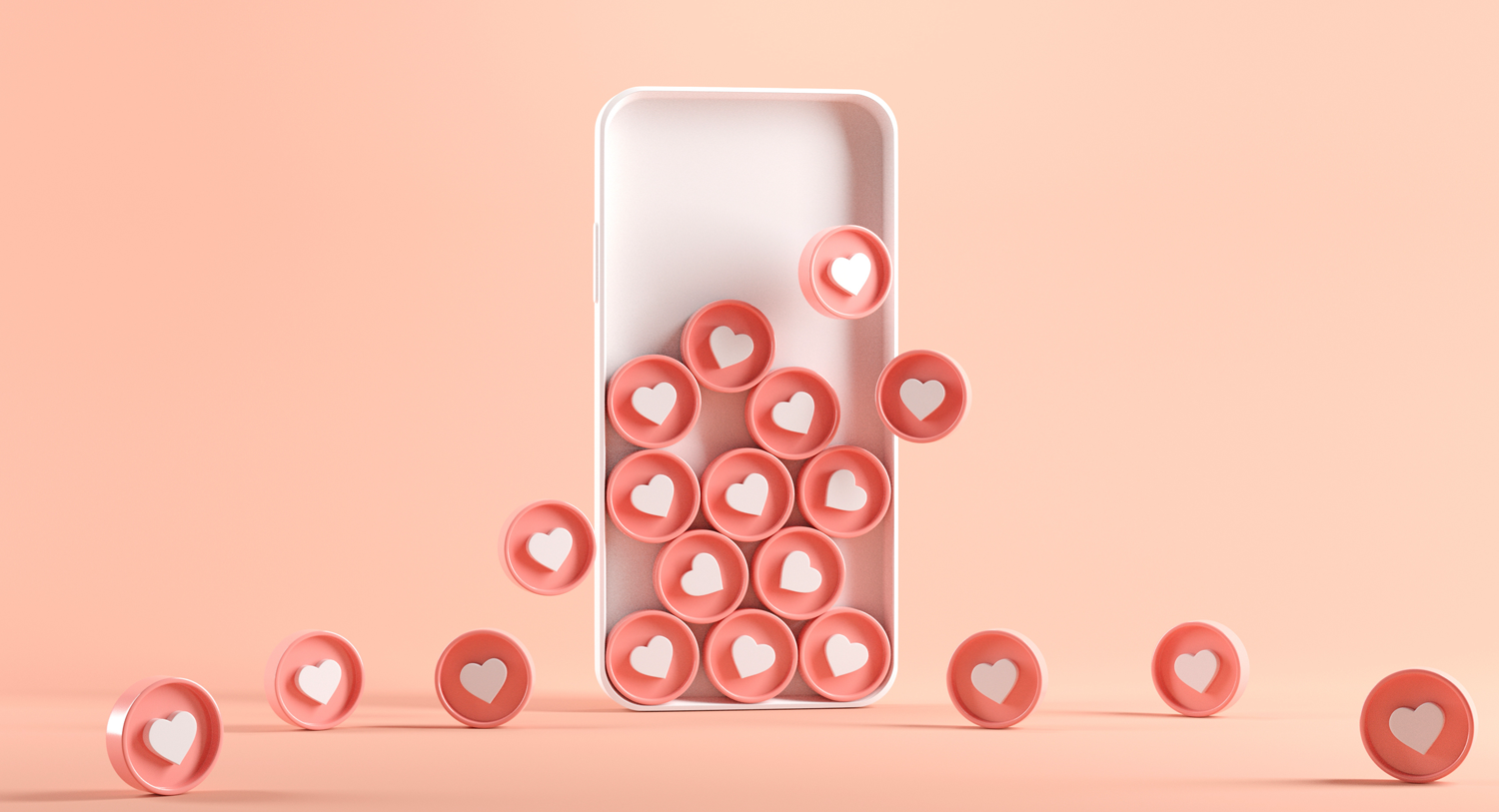 A bunch of heart icons spilling out of an iPhone case on a pale orange background