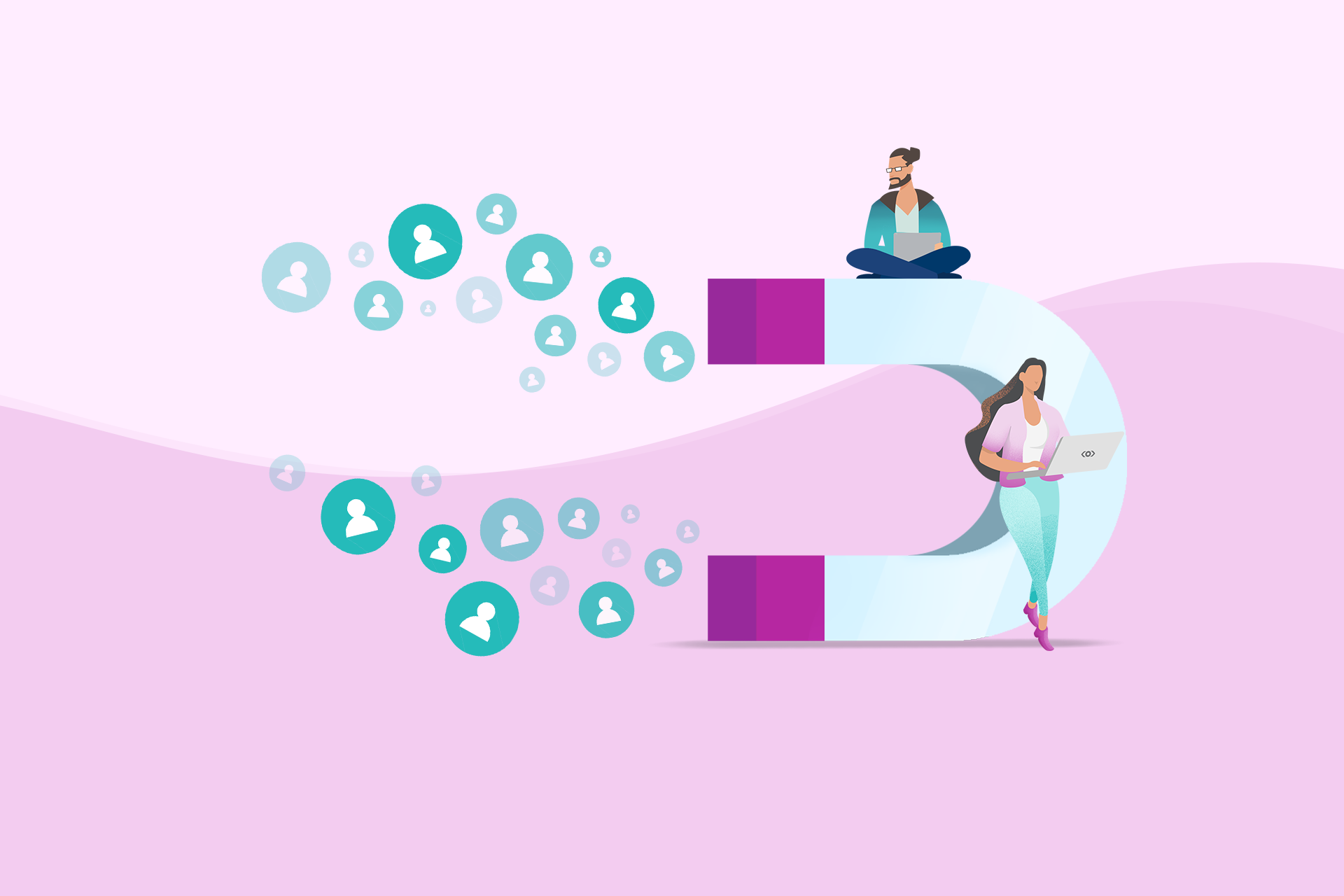 An illustration of a large magnet with two people, one sitting on top and one stepping through the right side of the magnet. Out of the left side of the magnet are flowing icons of profile pictures.