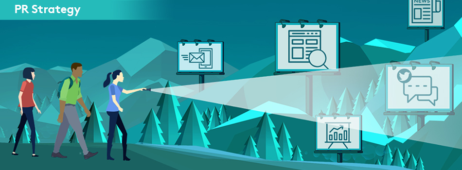 Illustration of a woman walking through a forest with a flashlight to see analytics