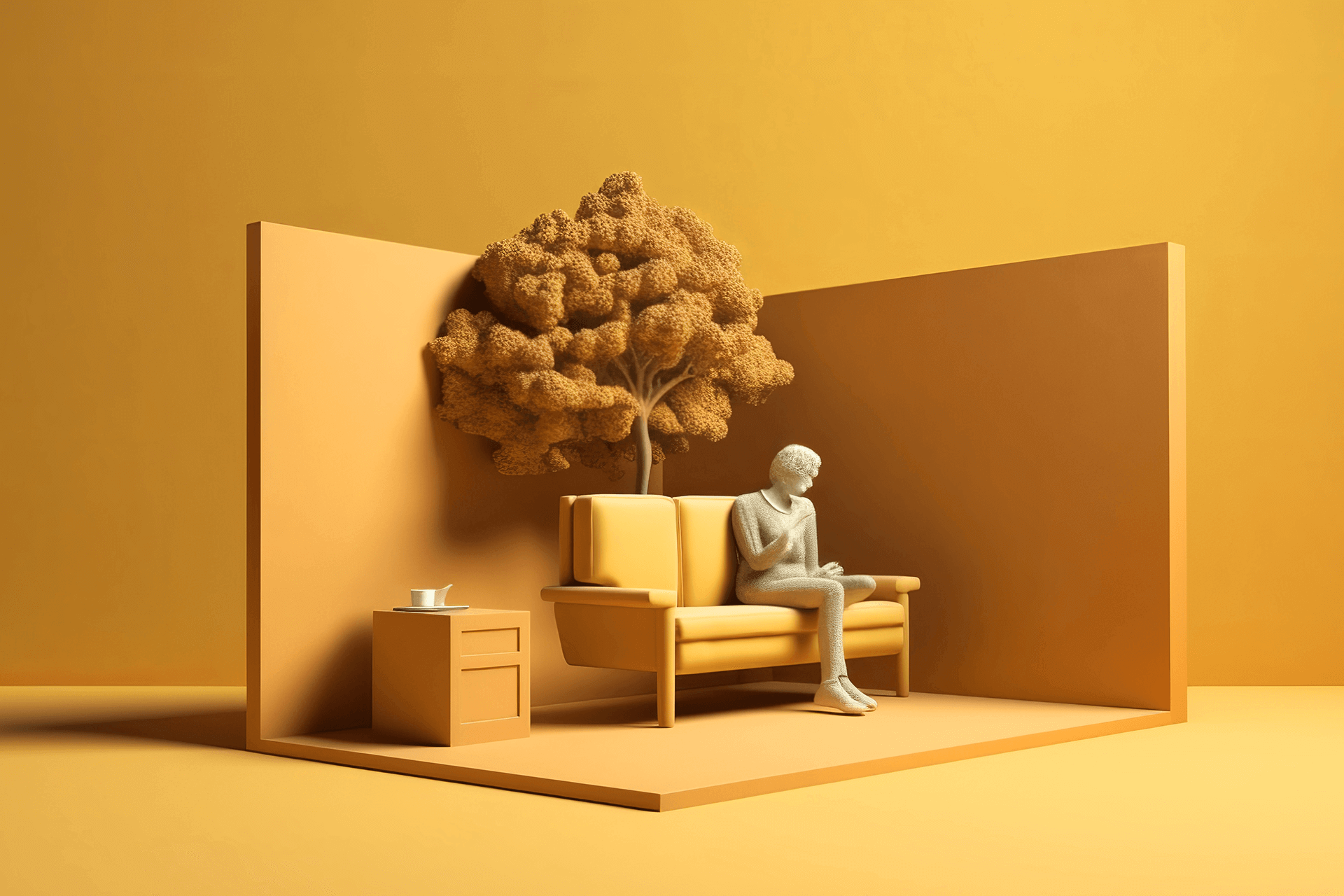 3D illustration of a person sitting in a room thinking about influencer marketing and mental health