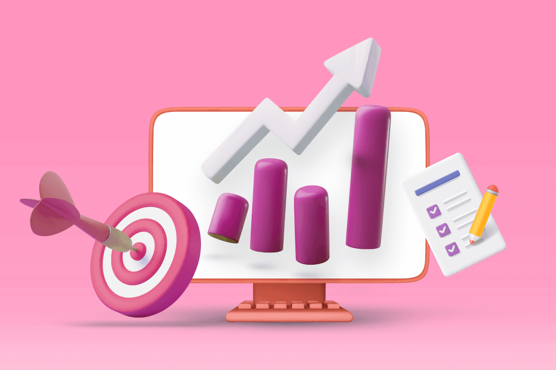 Illustration of a desktop computer with floating icons in front like a dart in a bullseye, an arrow going up and to the right over a bar graph, and a checklist. Brand Strategy blog post.