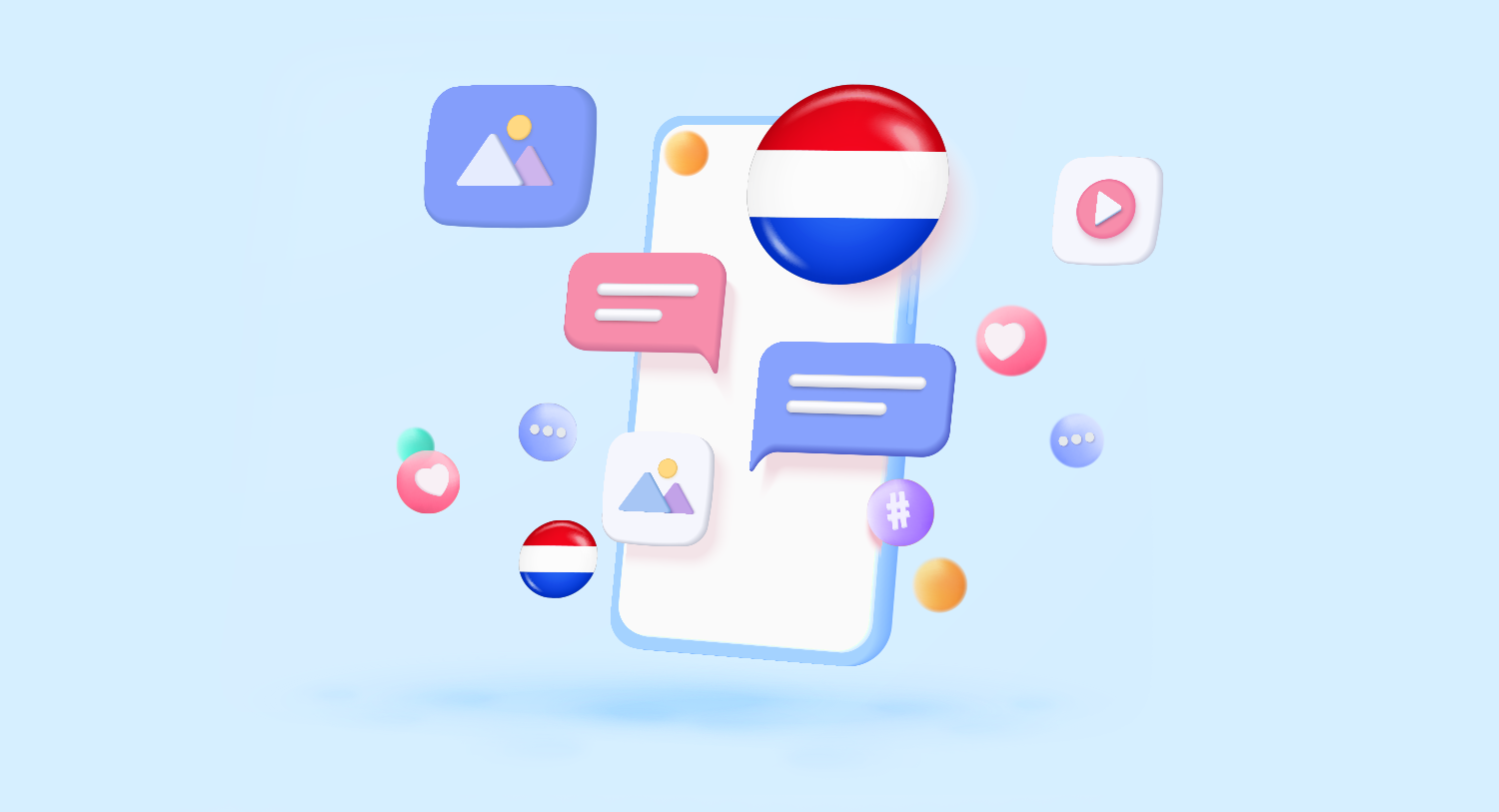 3D illustration of media icons and the Dutch flag for our blog post about the Dutch media landscape guide for the Netherlands