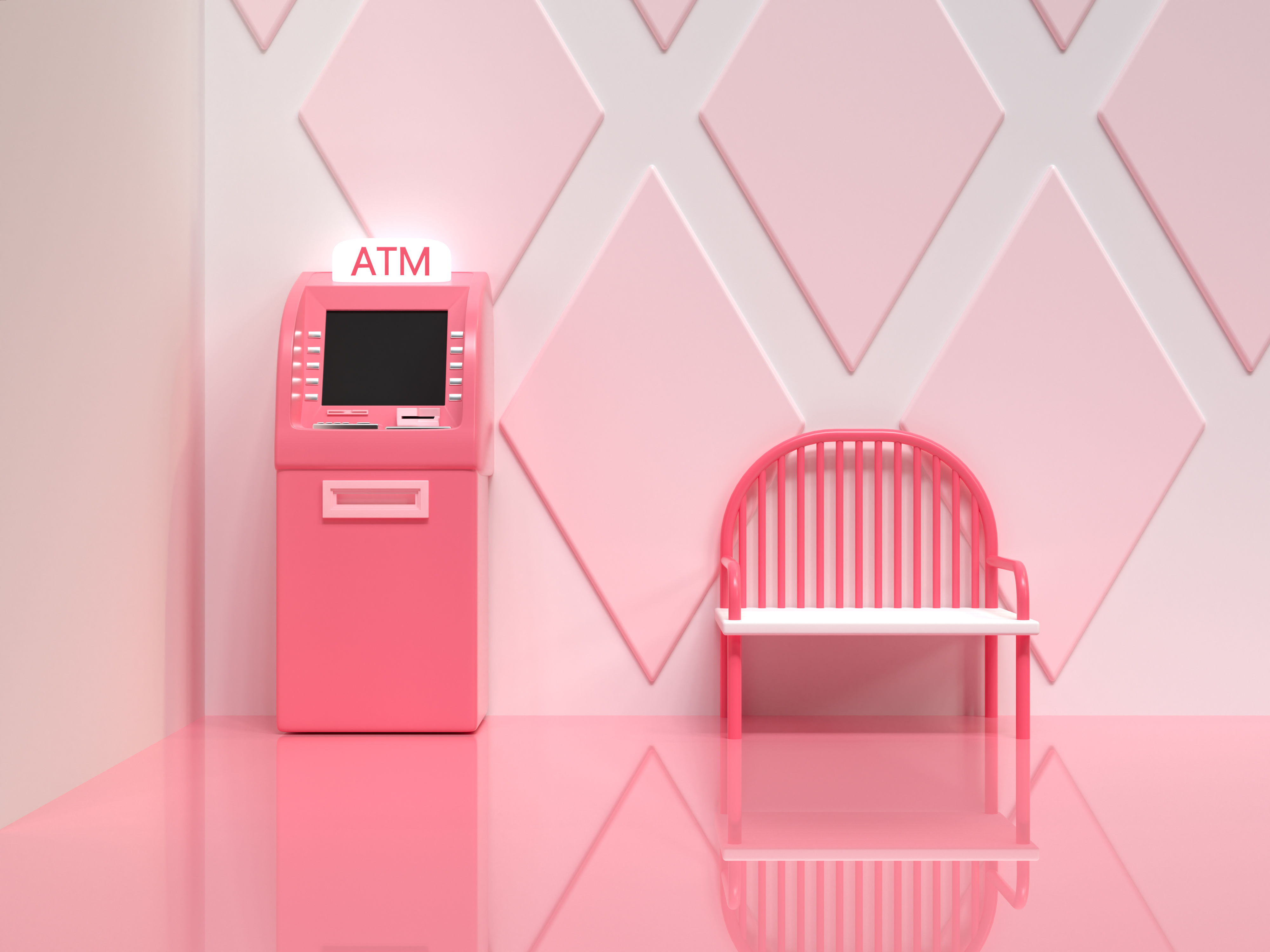 A pink model of an ATM machine next to a pink model bench
