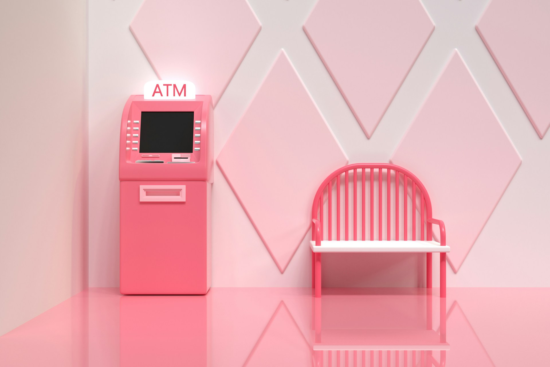A pink model of an ATM machine next to a pink model bench
