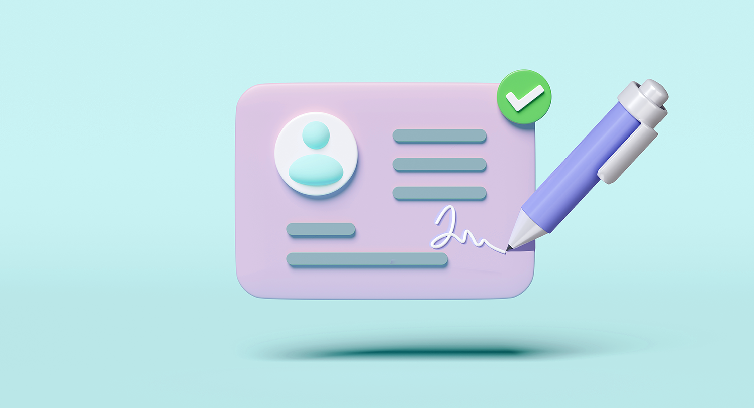 An illustration of a contact card with a profile picture and lines of a contract, with a pen signing a name and a green checkmark. Influencer marketing agreement blog post.