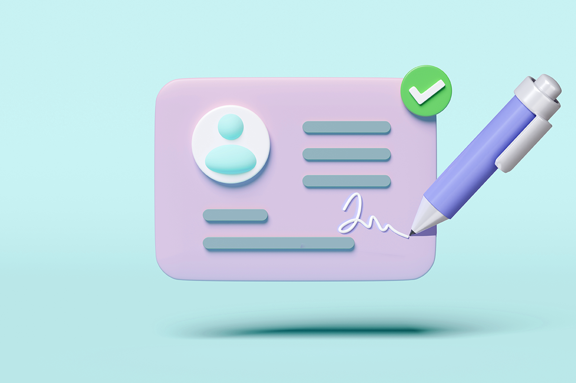 An illustration of a contact card with a profile picture and lines of a contract, with a pen signing a name and a green checkmark. Influencer marketing agreement blog post.