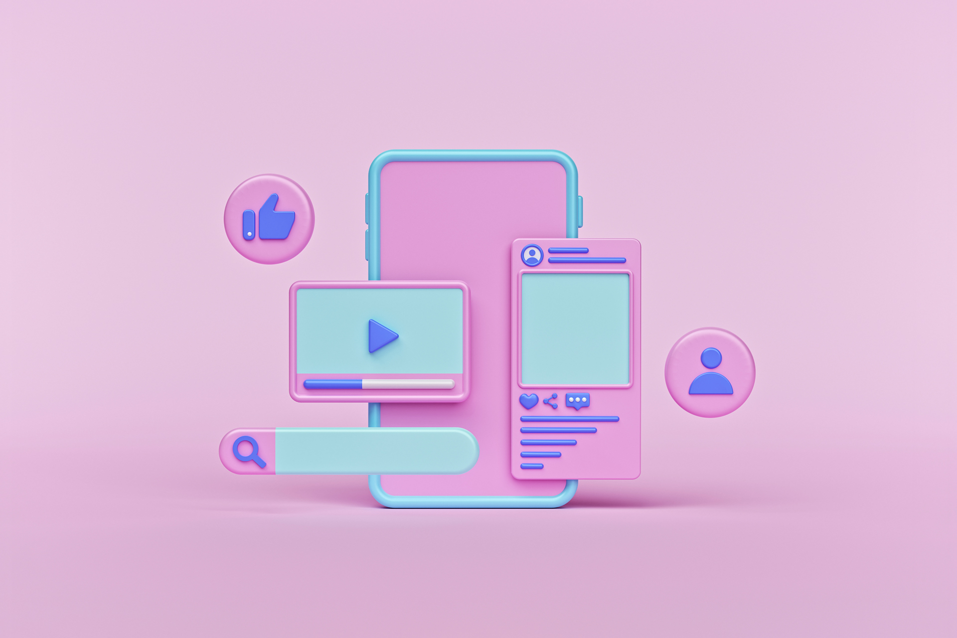 Illustration of a phone with social media symbols surrounding it, such as a video play screen and a thumbs up symbol.