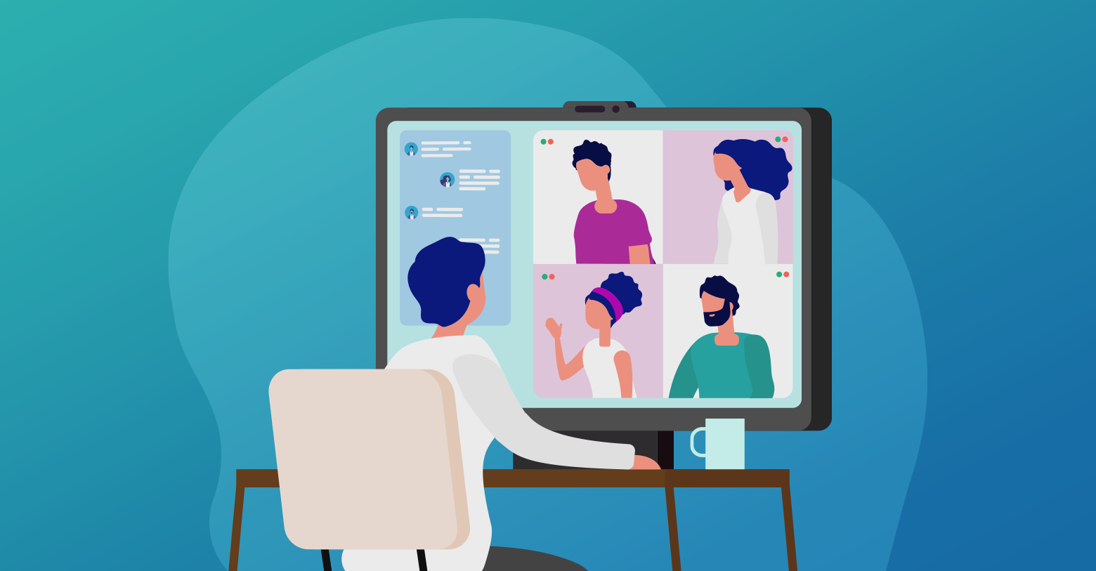 Illustration of a person in a virtual meeting against a blue background