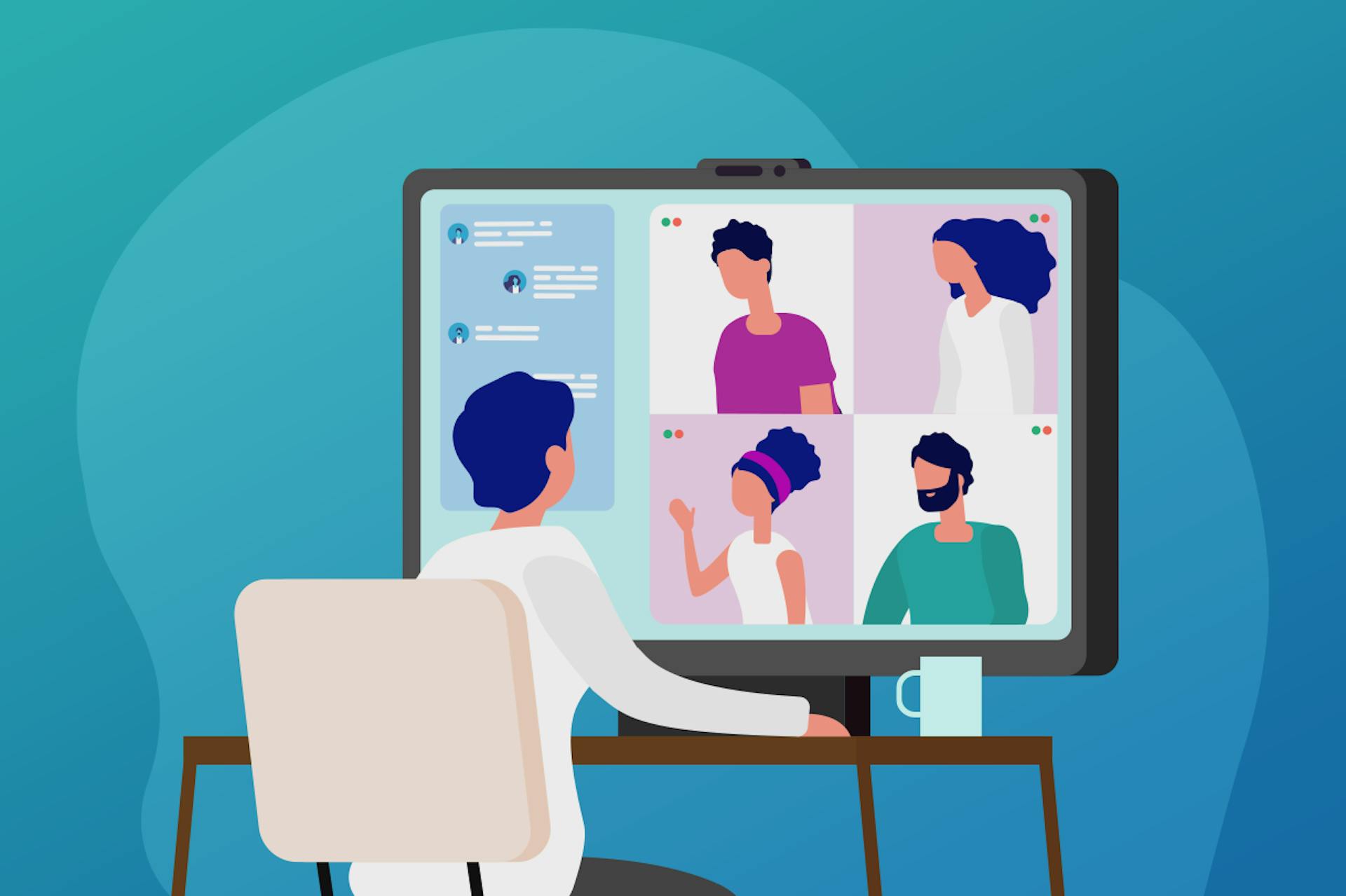 Illustration of a person in a virtual meeting against a blue background
