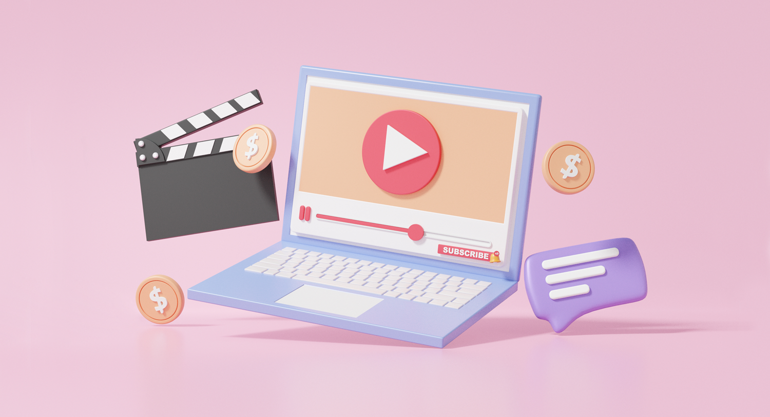 3D Illustration eines Laptops mit einem YouTube Icon als Titelbild für unseren Beitrag mit den wichtigsten YouTube Statistiken