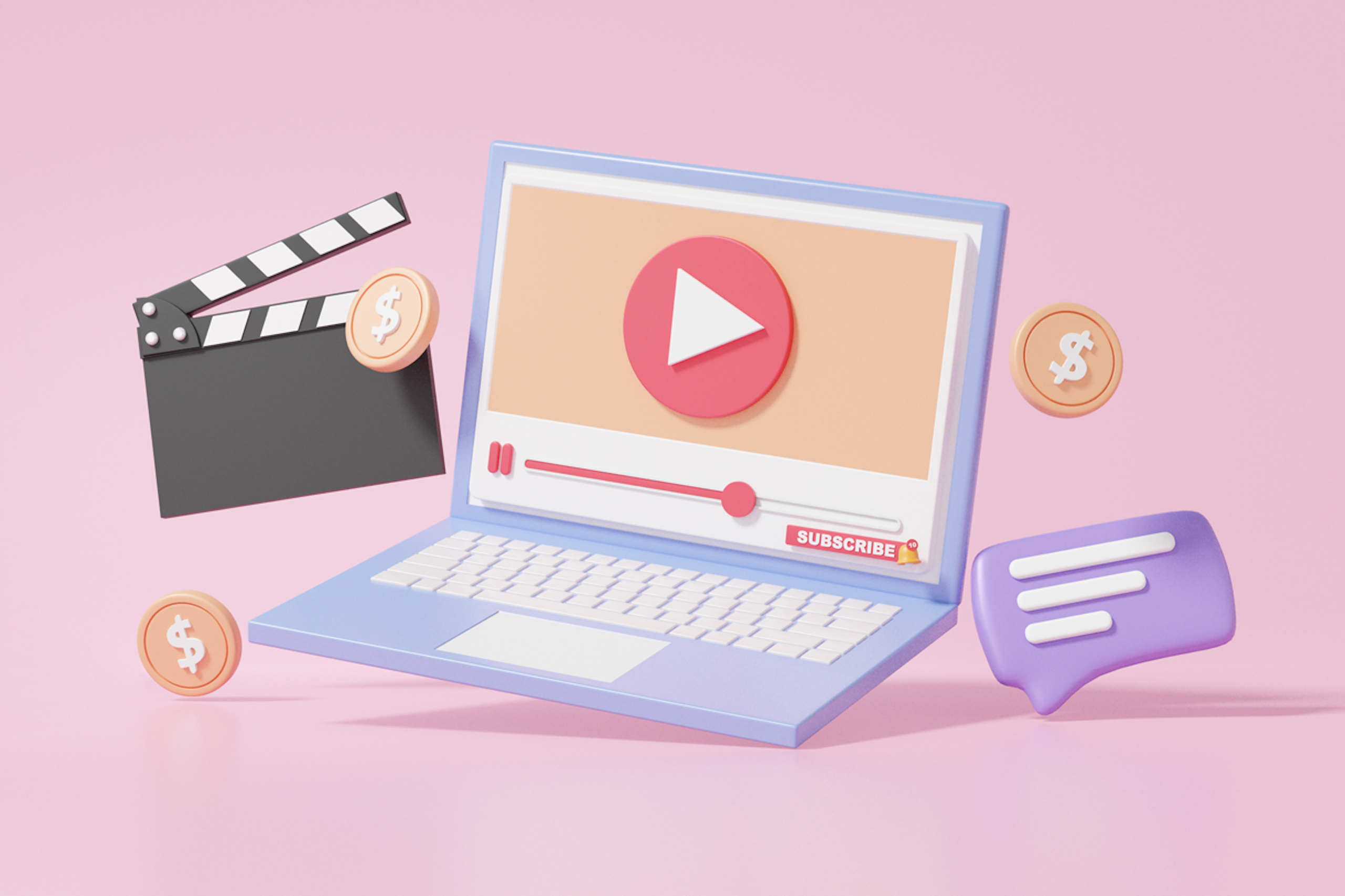 3D Illustration eines Laptops mit einem YouTube Icon als Titelbild für unseren Beitrag mit den wichtigsten YouTube Statistiken