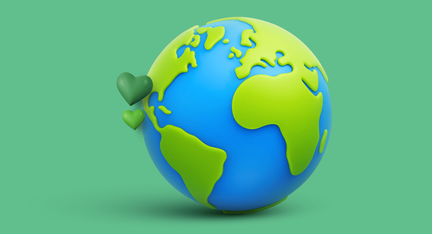 The Earth and two green hearts against a green background for a blog about eco-related keywords. 