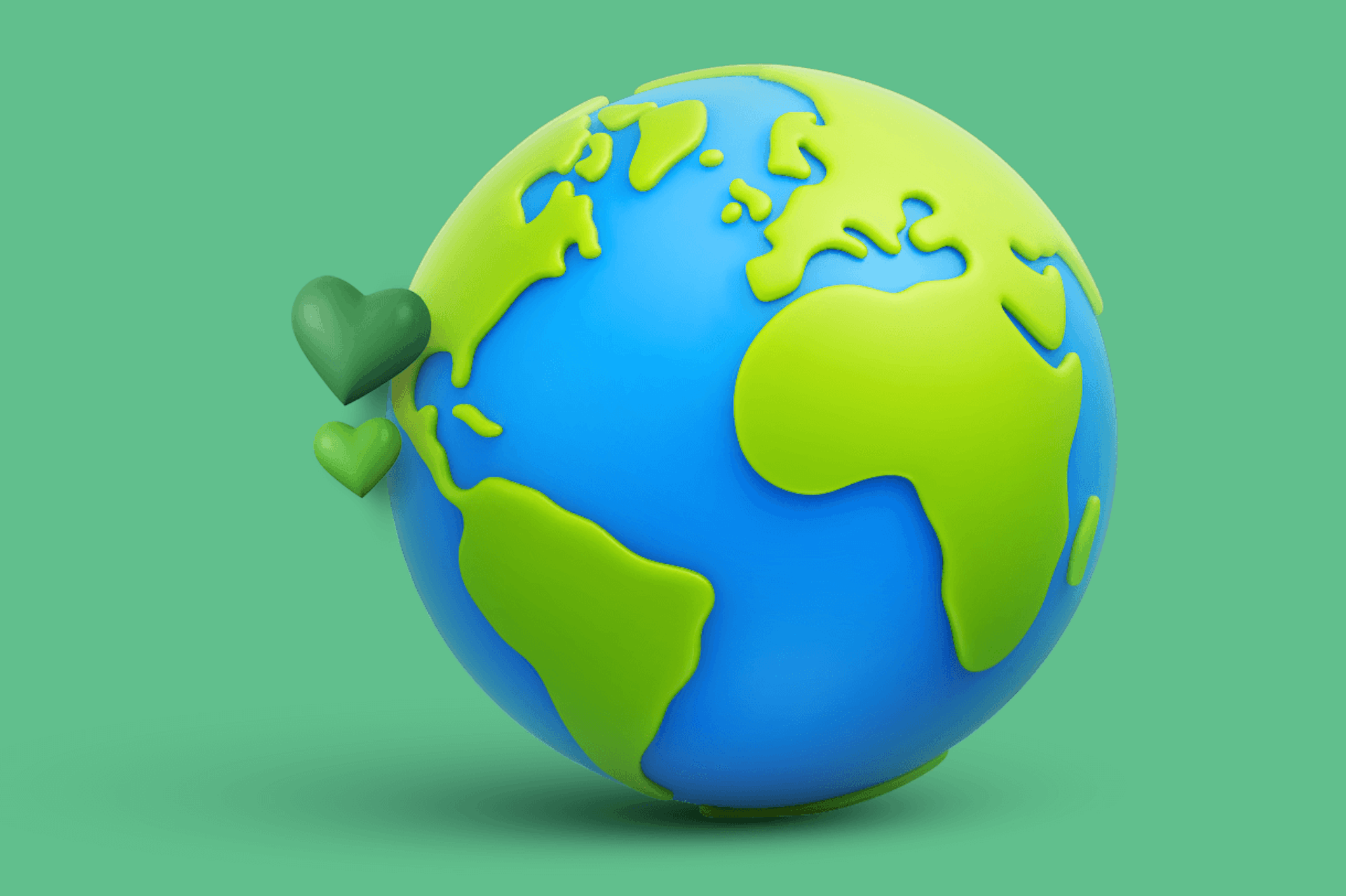 The Earth and two green hearts against a green background for a blog about eco-related keywords. 