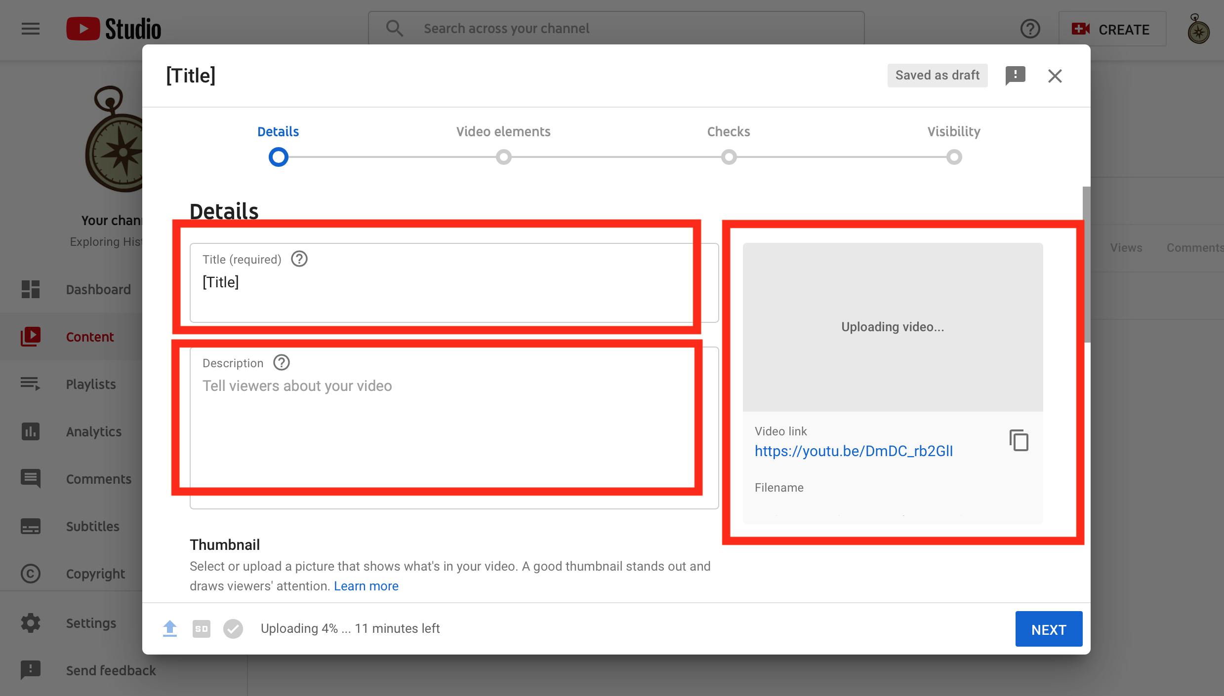 Third step in uploading a YouTube video, adding titles and description