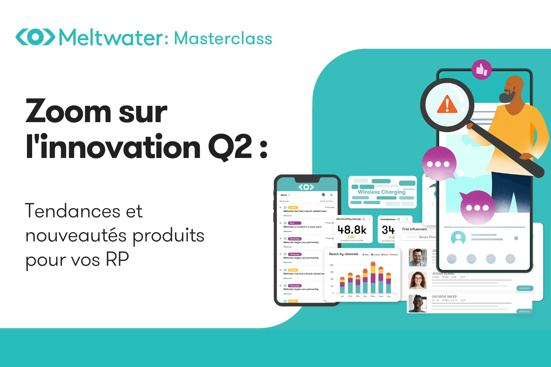 visuel masterclass q2 meltwater sur les tendances et nouveautés produits pour RP, il y a des graphiques et chiffres ainsi qu'un homme portant un loupe sortant d'un smartphone