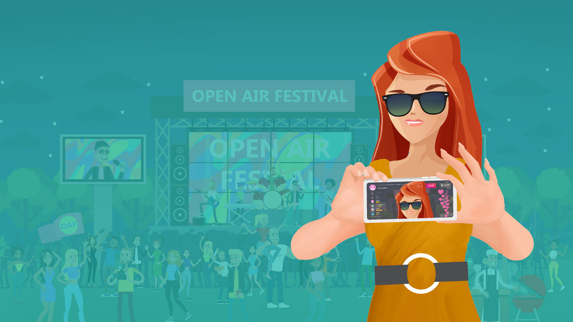 Illustration of a woman at a festival taking a selfie