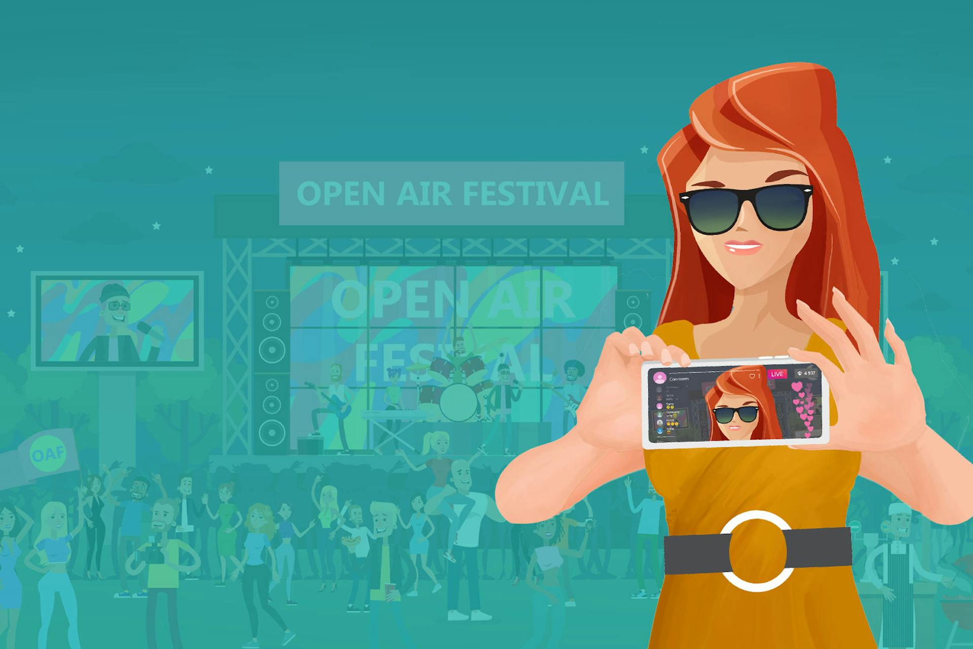 Illustration of a woman at a festival taking a selfie