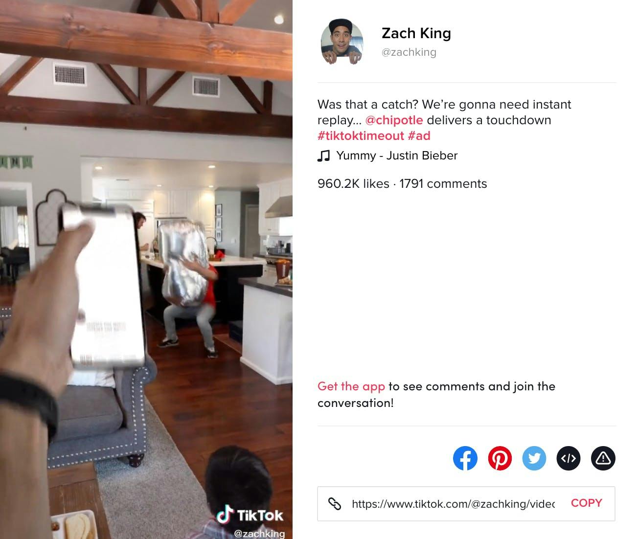 Screenshot Tiktok Video Zach King zu Yummy von Justin Bieber