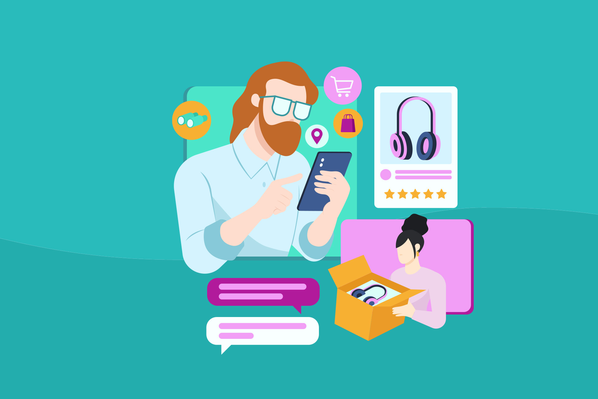 Illustration de deux personnes qui cherchent des produits et les achètent sur les réseaux sociaux.