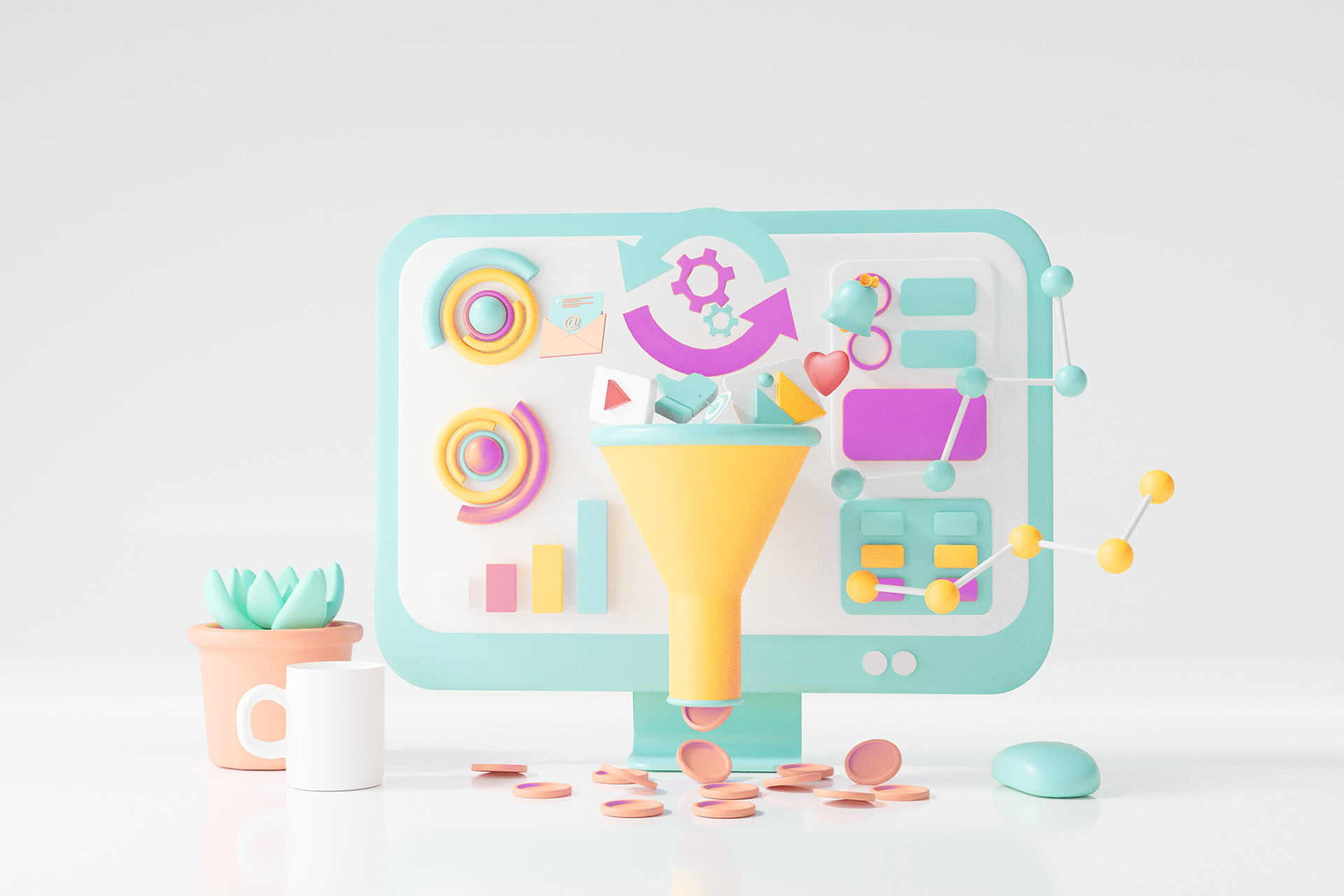 An illustration of a computer screen filled with lots of marketing charts and widgets.