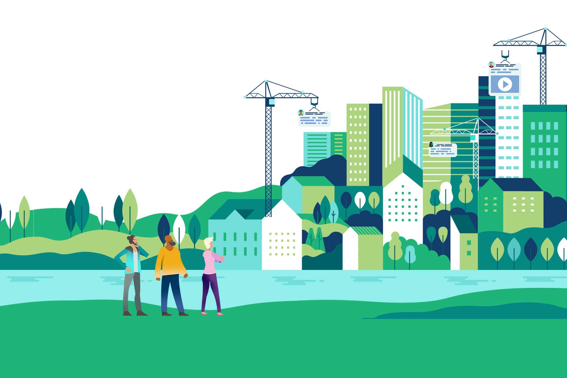 Comic Image of three people standing in front of a river with a city on the other side that is being built