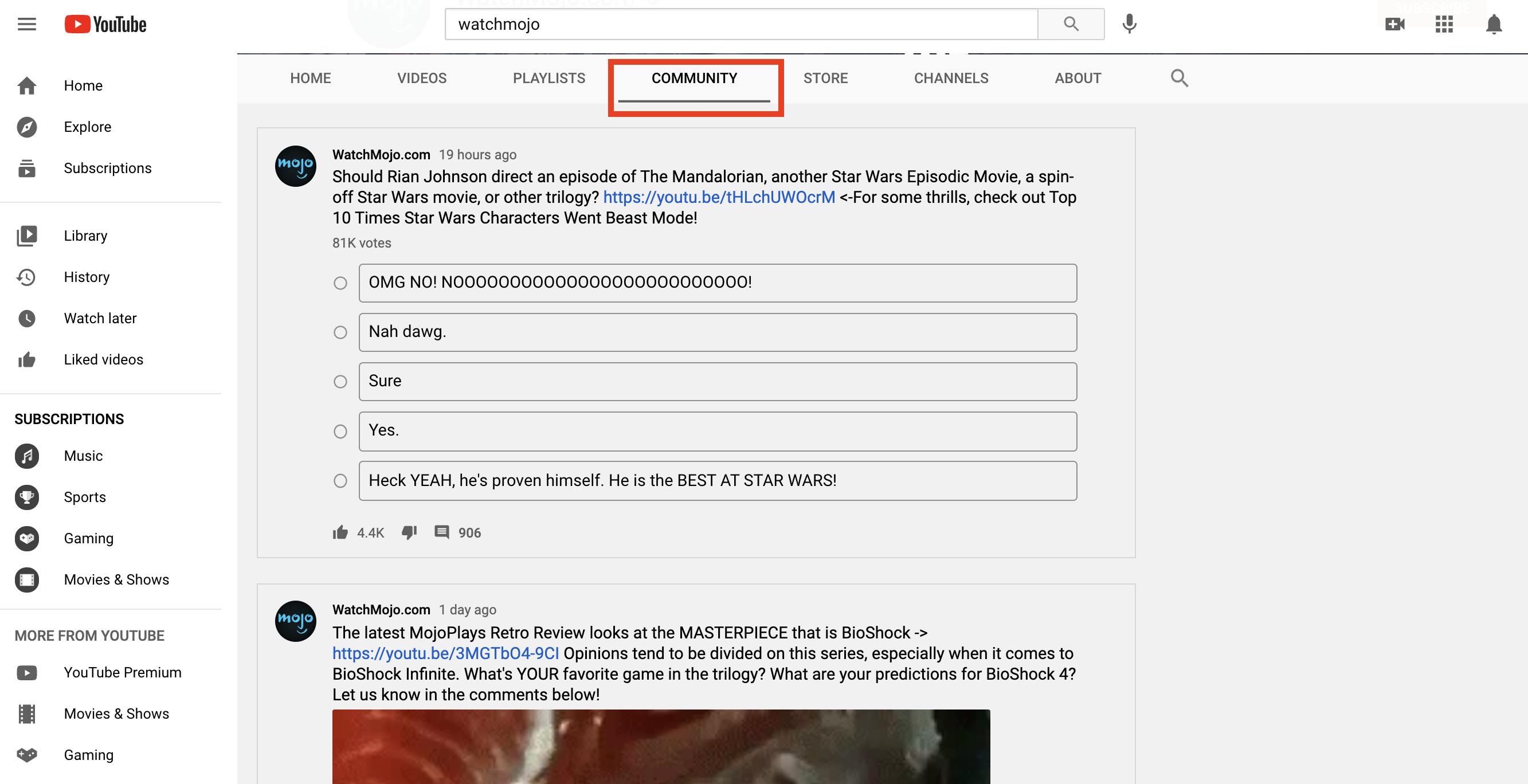 Example of a YouTube channel with 10,000+ subscribers using the Community tab to post polls and other status updates