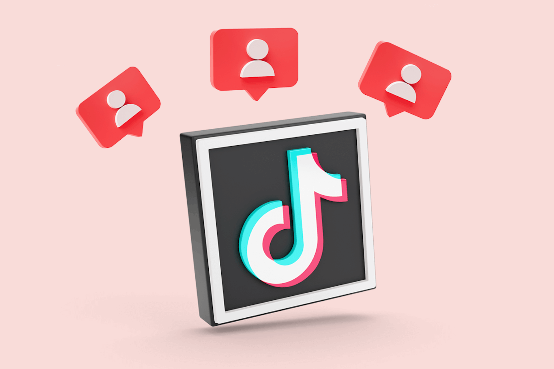 Illustration of a TikTok logo in a black and white box with three follower icons on top, on a pale pink background. The top 10 most followed TikTok accounts blog post.