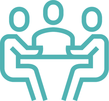 An icon displaying three people sitting at a table and having a meeting