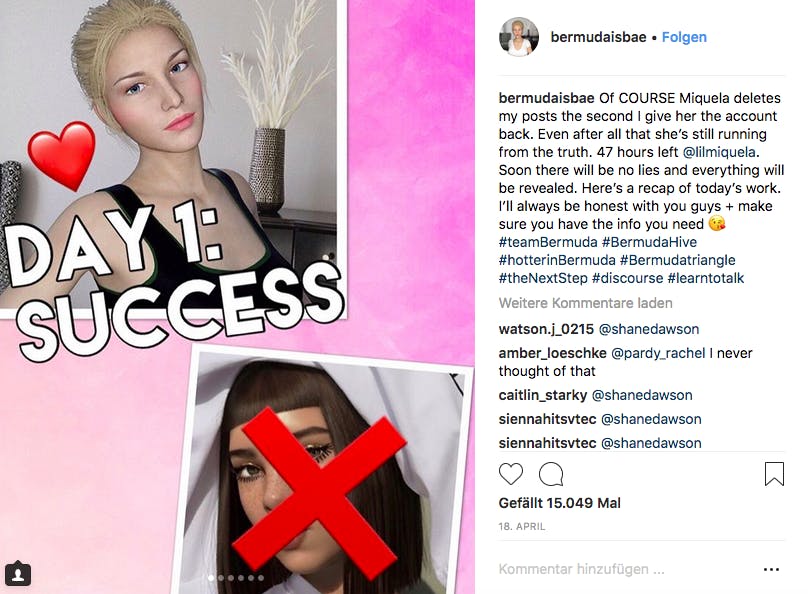 Screenshot von Lil Miquela und Bermudaisbae Post auf instagram Fakefluencer