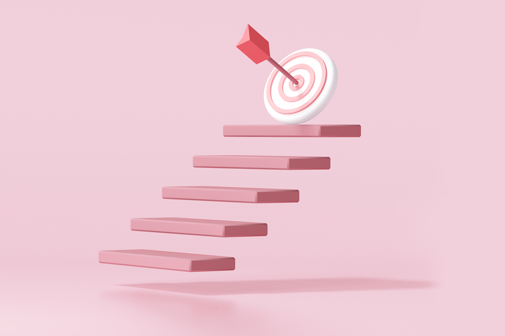 Image showing a floating pink staircase leading up to a target with an arrow in the bullseye, on a pale pink background. Achieving Instagram impressions and reach blog post