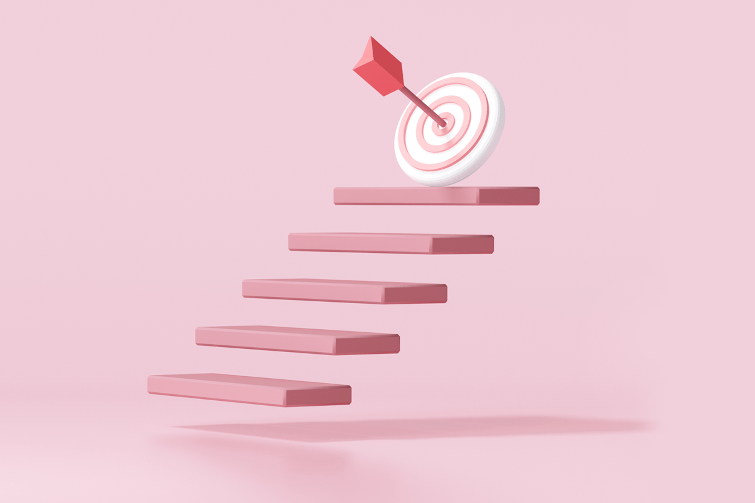 Das Bild zeigt eine schwebende rosa Treppe, die zu einer Zielscheibe mit einem Pfeil im Bullseye führt, auf einem blassrosa Hintergrund. Erzielung von Instagram-Impressionen und -Reichweite Blogbeitrag